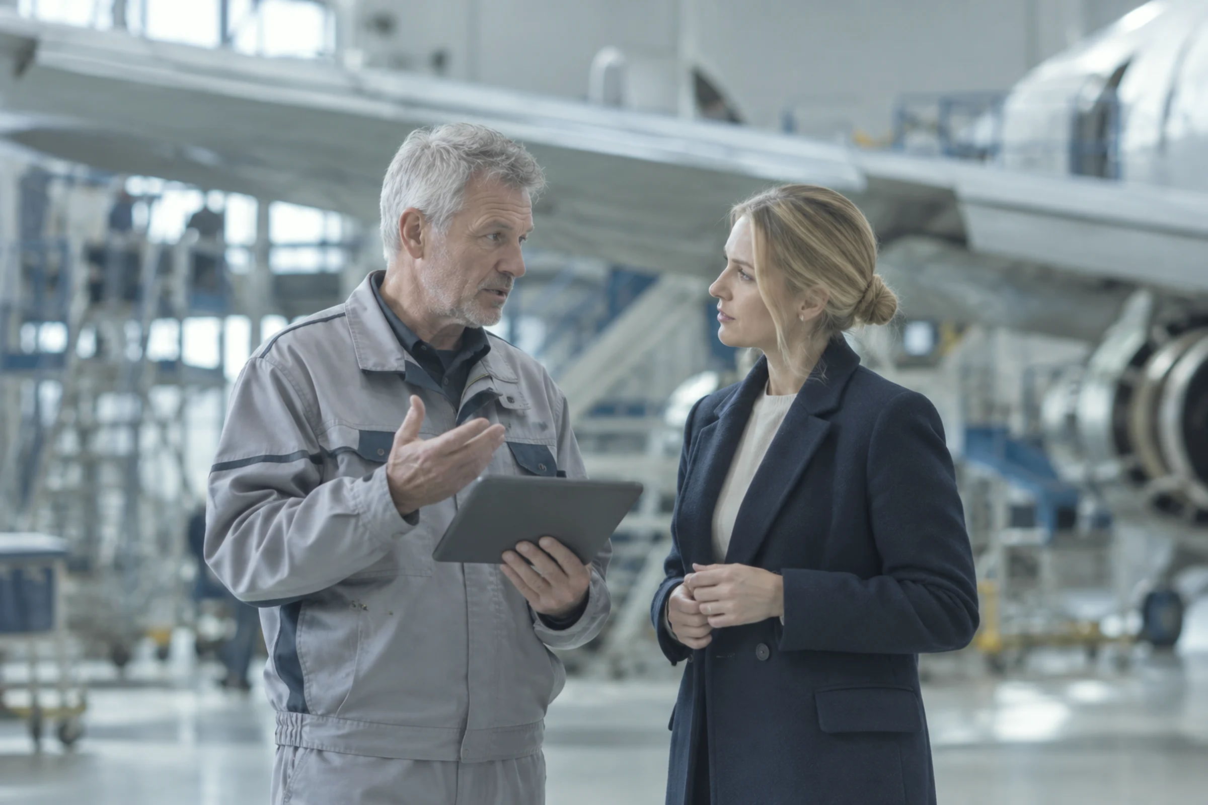 An aircraft engineer and a consultant talking beside a wing in a hangar