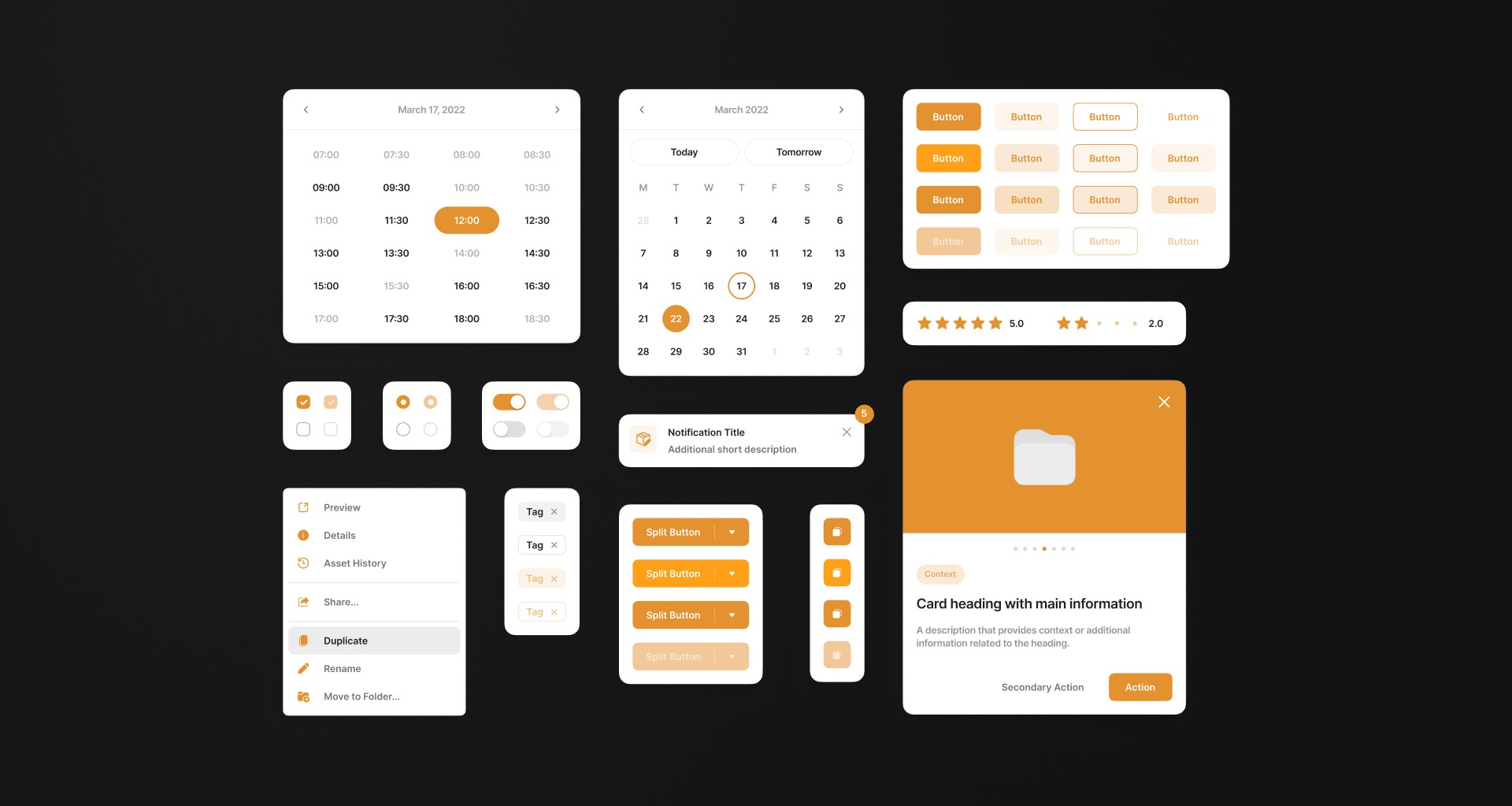 Design system components in orange.