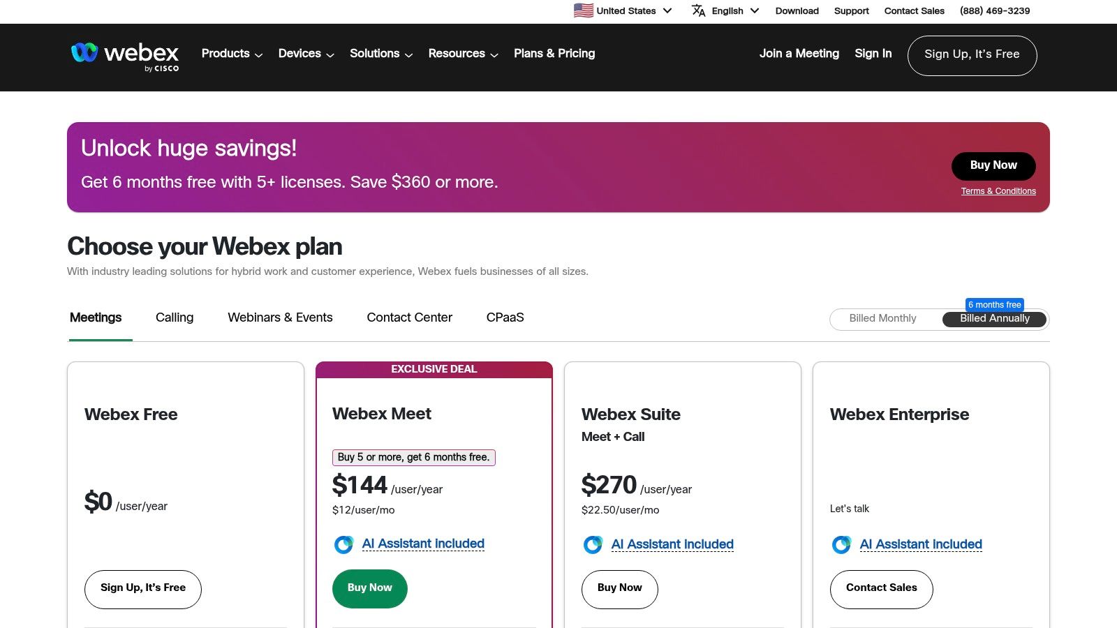 A screenshot of the Webex pricing page showing its different plans.