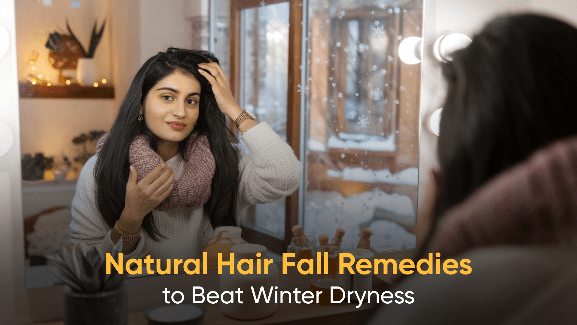 Woman applying natural remedies to her hair during winter to prevent hair fall and dryness. hair fall control, home care, hair masks, natural remedies,  Indulekha Bringha Oil Mamaearth Onion Hair Oil Kesh King Scalp and Hair Ayurvedic Oil Biotique Bio Kelp Protein Shampoo WOW Skin Science Apple Cider Vinegar Shampoo Himalaya Herbals Anti-Hair Fall Shampoo Khadi Natural Amla & Bhringraj Shampoo Mamaearth Onion Hair Mask St. Botanica Biotin & Collagen Hair Mask WOW Skin Science Hair Mask Tresemme Keratin Smooth Conditioner Biotique Bio Watercress Fresh Nourishing Conditioner Mamaearth Argan Conditioner Himalaya Hair Zone Tablets HealthKart HK Vitals Biotin Cureveda Grow Plant-Based Biotin The Moms Co. Natural Protein Hair Oil Parachute Advanced Ayurvedic Hot Oil Soulflower Cold-Pressed Castor Oil Just Herbs Silky Strength Shampoo Aroma Magic Triphla Shampoo Vaadi Herbals Amla Shikakai Shampoo Earth Rhythm Pro-Vitamin B5 Hair Mask Anveya Hydrate and Nourish Hair Mask L'Oréal Paris Extraordinary Oil Serum Kapiva Hair Care Juice