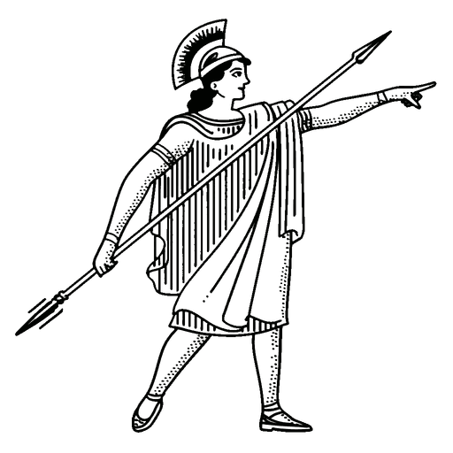  Illustration of a warrior pointing forward with a spear, representing decisiveness, initiative, and the proactive mindset that drives innovation at Tenkara.