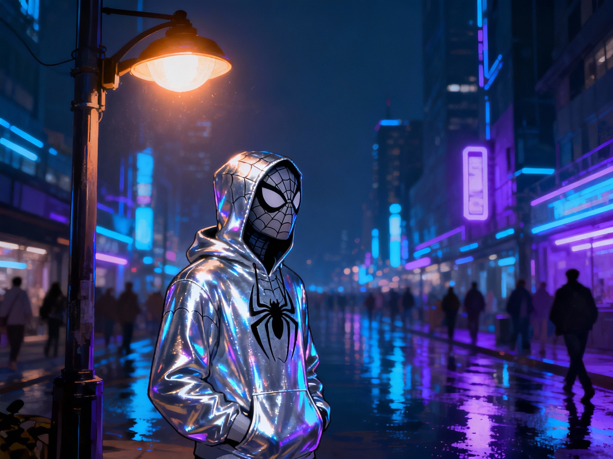 A fine-art illustration in a format depicting a futuristic city street scene at night with neon