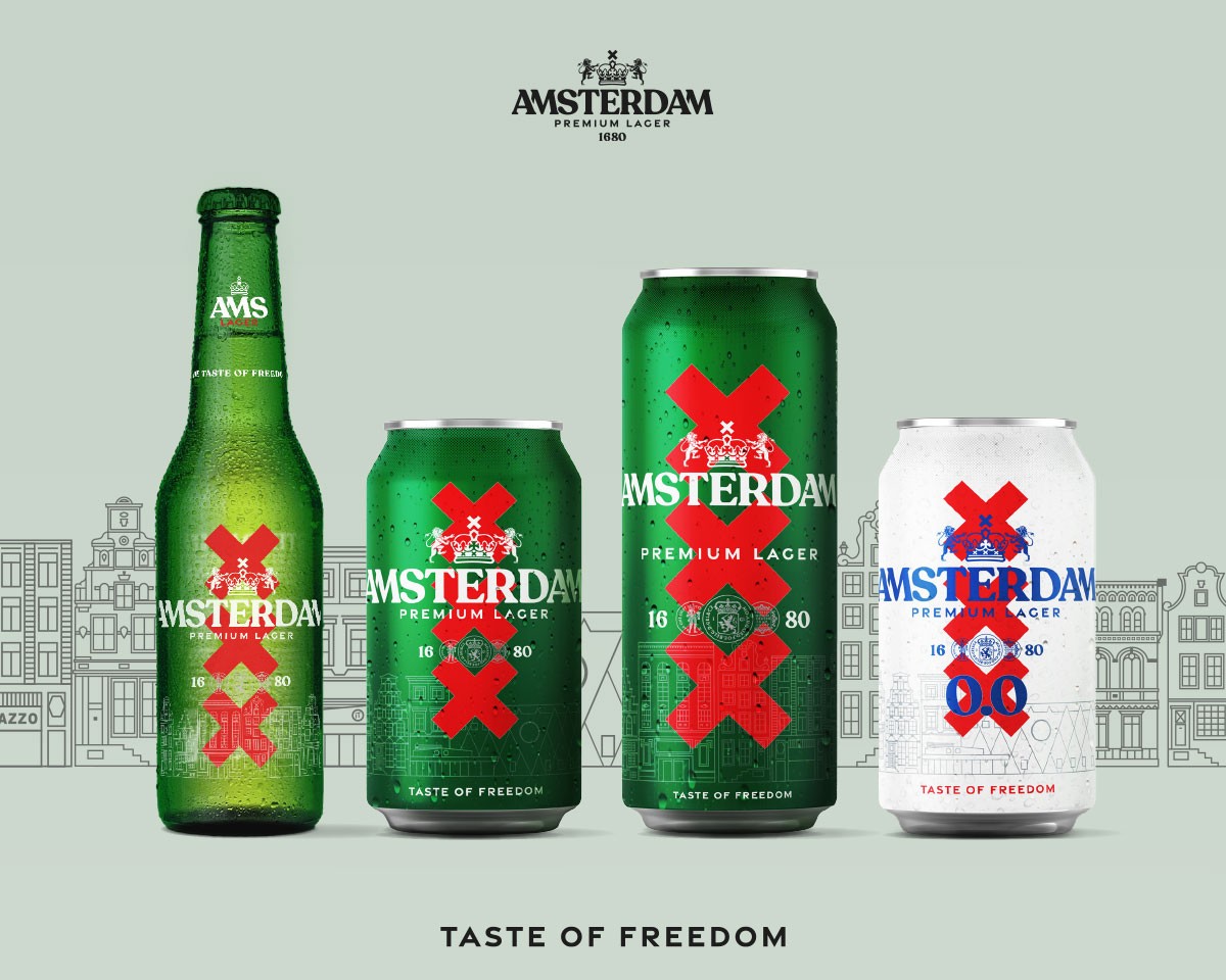 Can and bottles of beer brand Amsterdam Premium Lager