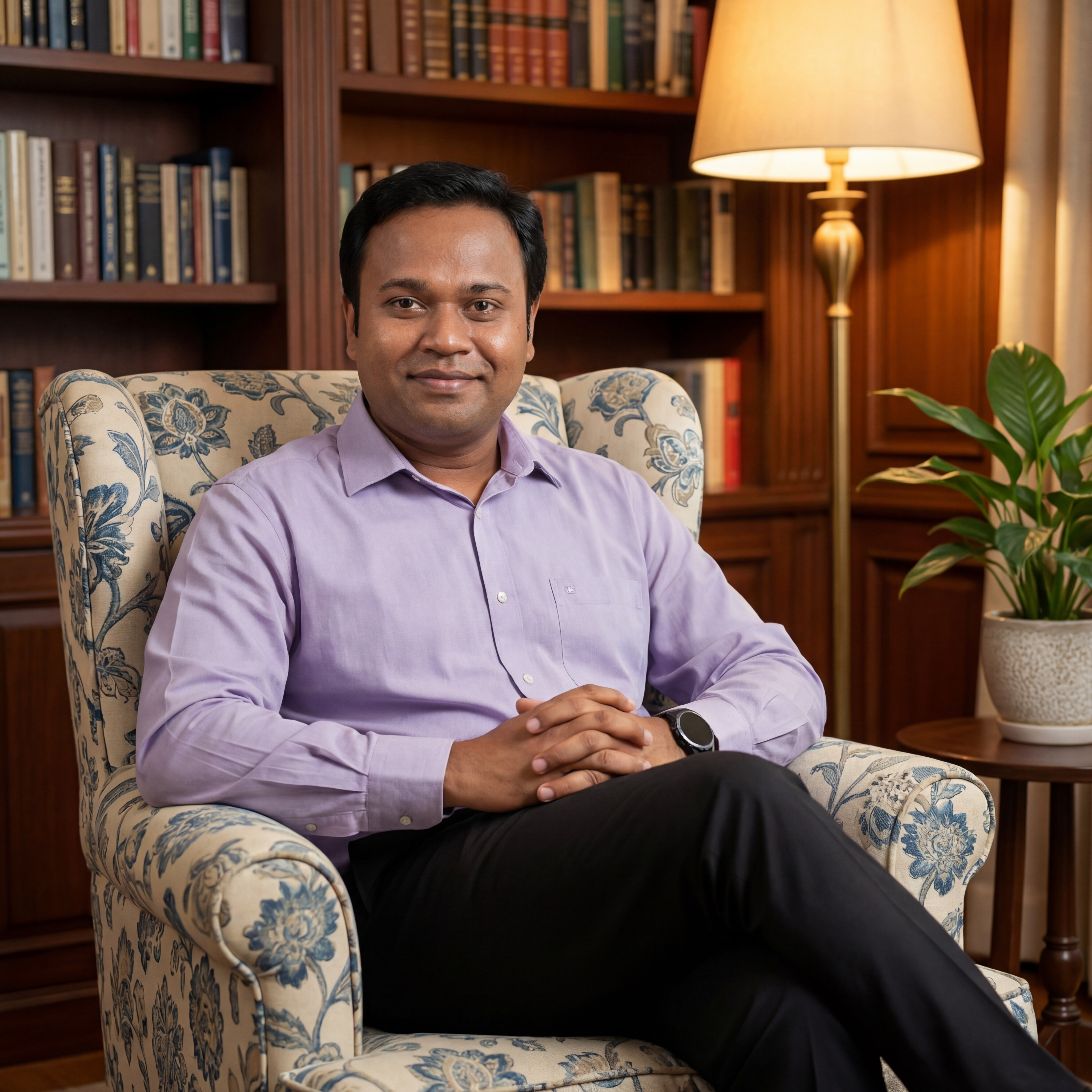 An older man with a beard smiles warmly, sitting indoors among plants and cozy furniture.