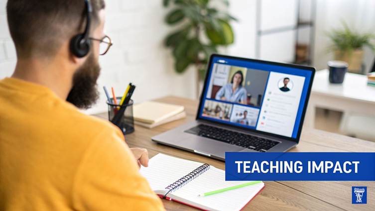 A man with headphones looks at a laptop during a video call, with a notebook on the desk, illustrating teaching impact.