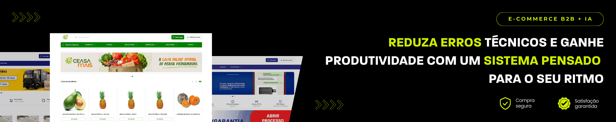 Banner horizontal com fundo escuro, ícones de segurança e satisfação, e imagens de lojas B2B exibidas à esquerda. Elementos gráficos em verde destacam o tema de e-commerce B2B com IA.