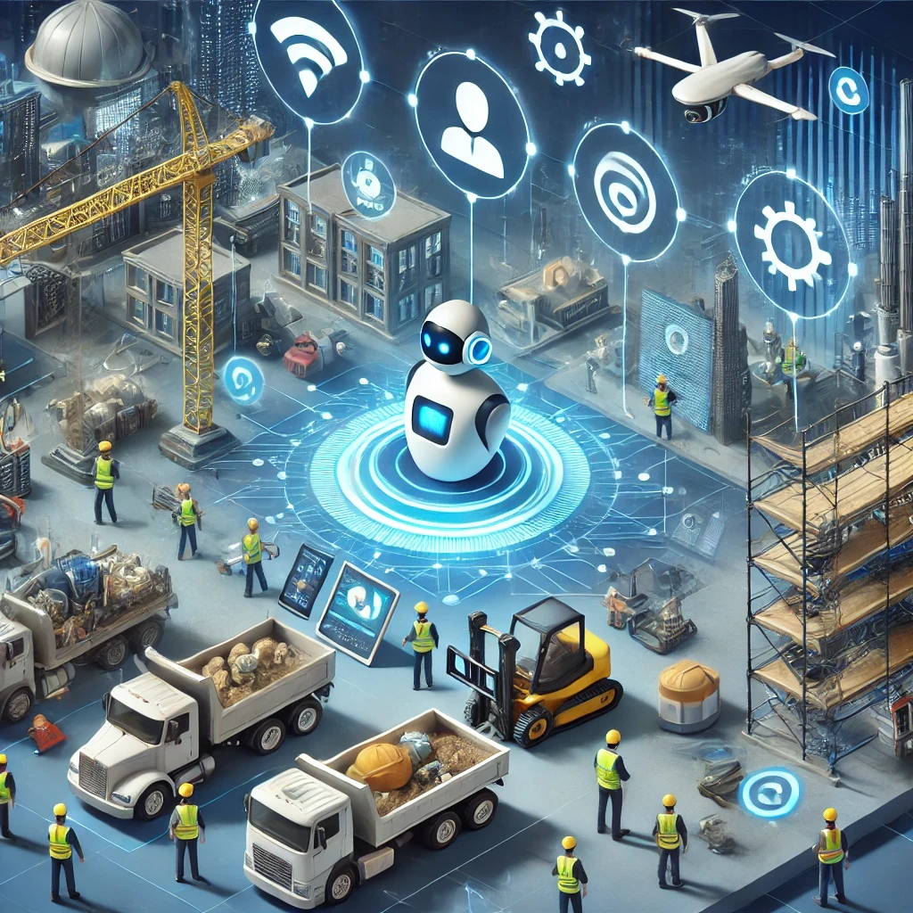 Chantier de construction optimisé par l'intelligence artificielle, avec des robots et des drones assistant les travailleurs, et des tableaux de bord numériques facilitant la gestion des ressources et la productivité