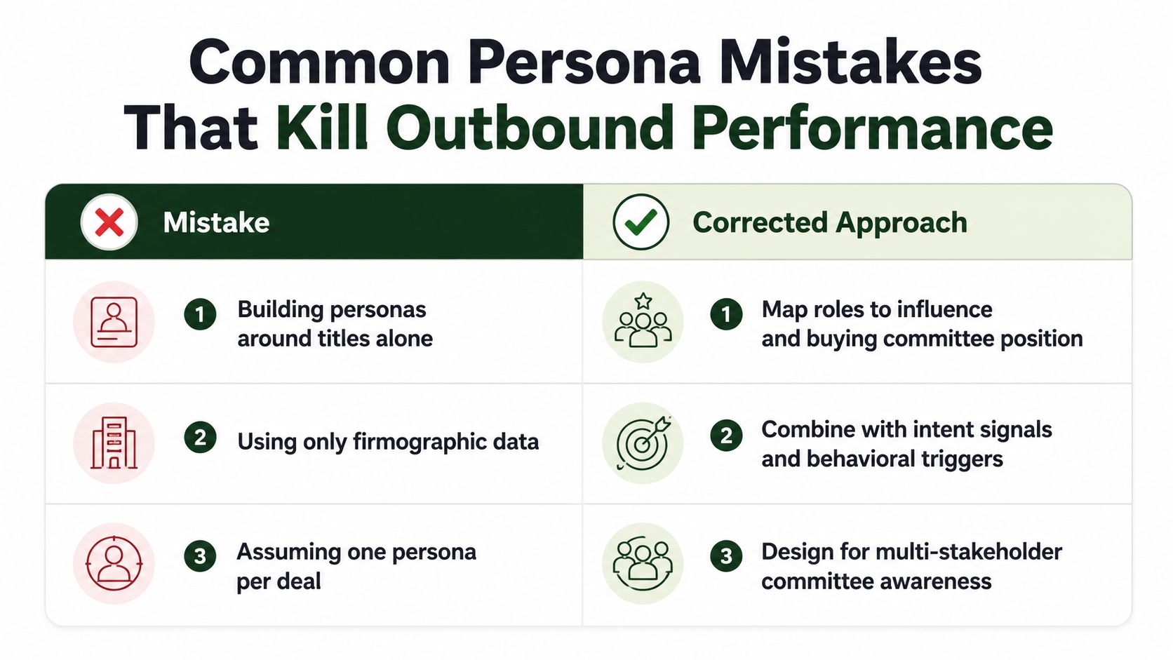 A comparison chart showing three common B2B buyer persona mistakes and their corresponding corrected strategic approaches.