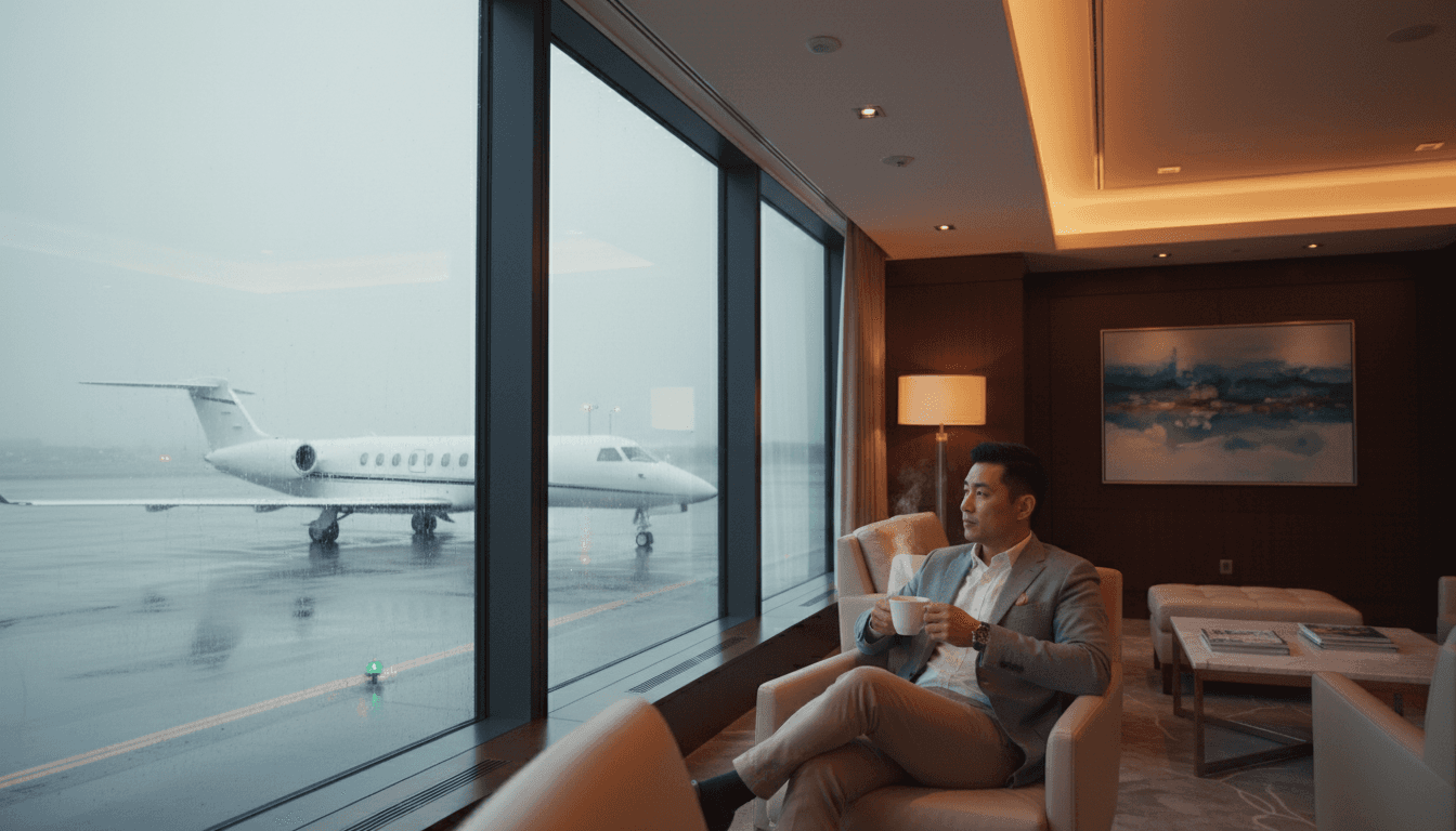 A traveler waiting calmly in a private terminal lounge as rain streaks the windows overlooking the apron — a quiet alternative to a chaotic gate