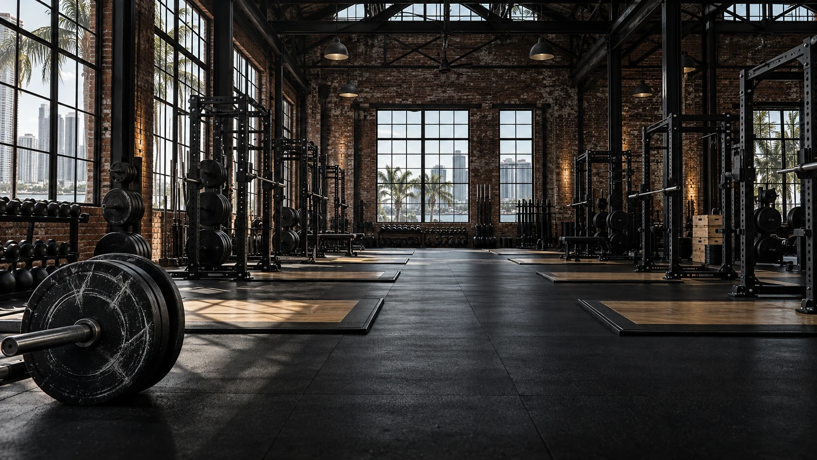 Foundry's lifting floor with racks under arched windows