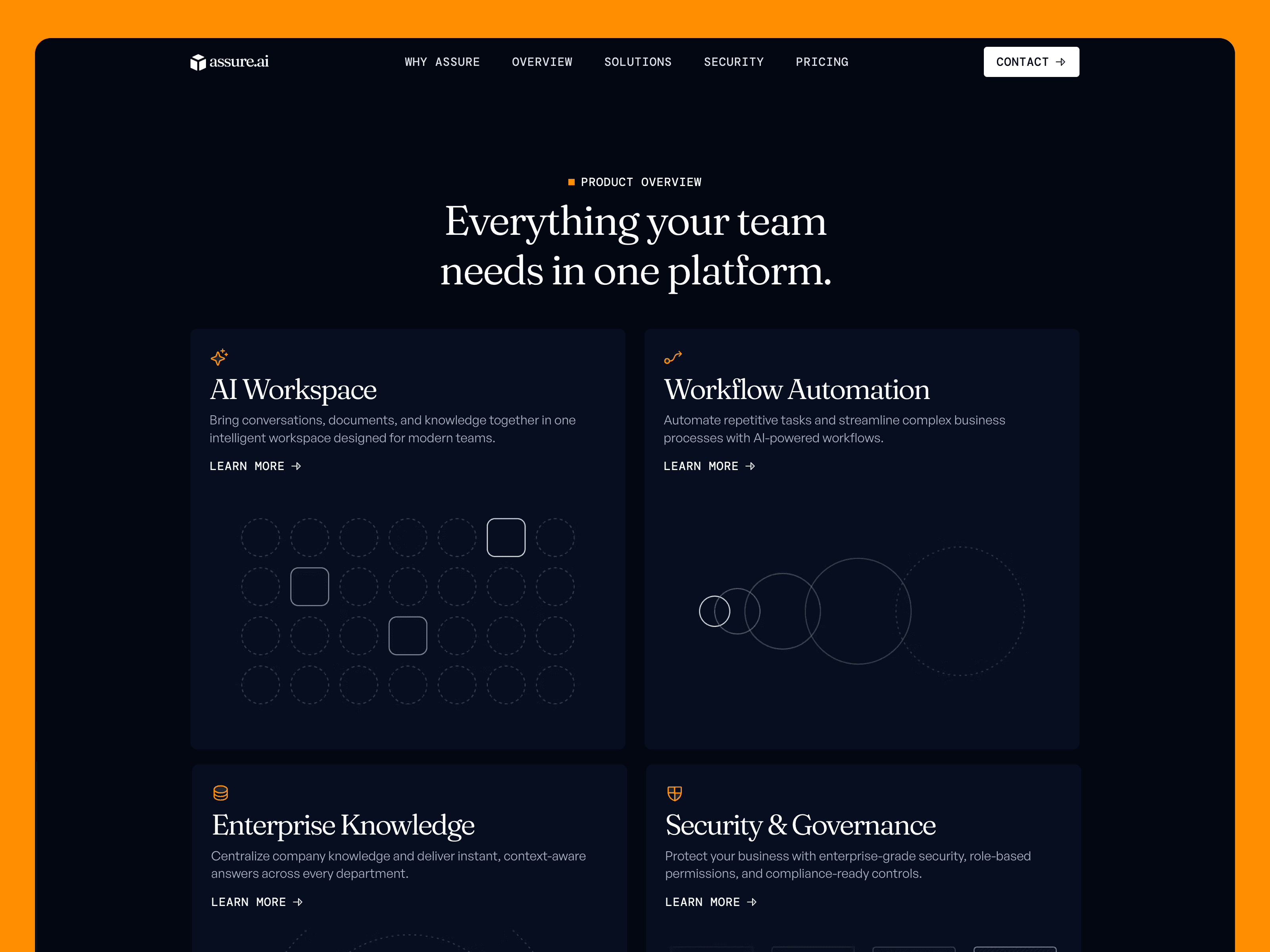 A website template marketplace thumbnail preview for Assure, a free premium Framer template designed for B2B SaaS, AI startups, and enterprise tech companies. The layout showcases an ultra-clean corporate aesthetic using high-contrast section grids, technical feature matrix cards, a secure application integrations section, and flawless responsive screen mockups for desktop and mobile.