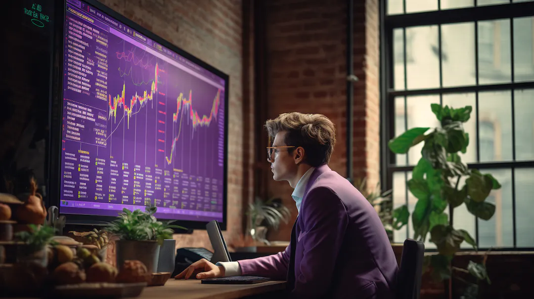 A young man with glasses sits in front of a large montior with investment technical analysis on it