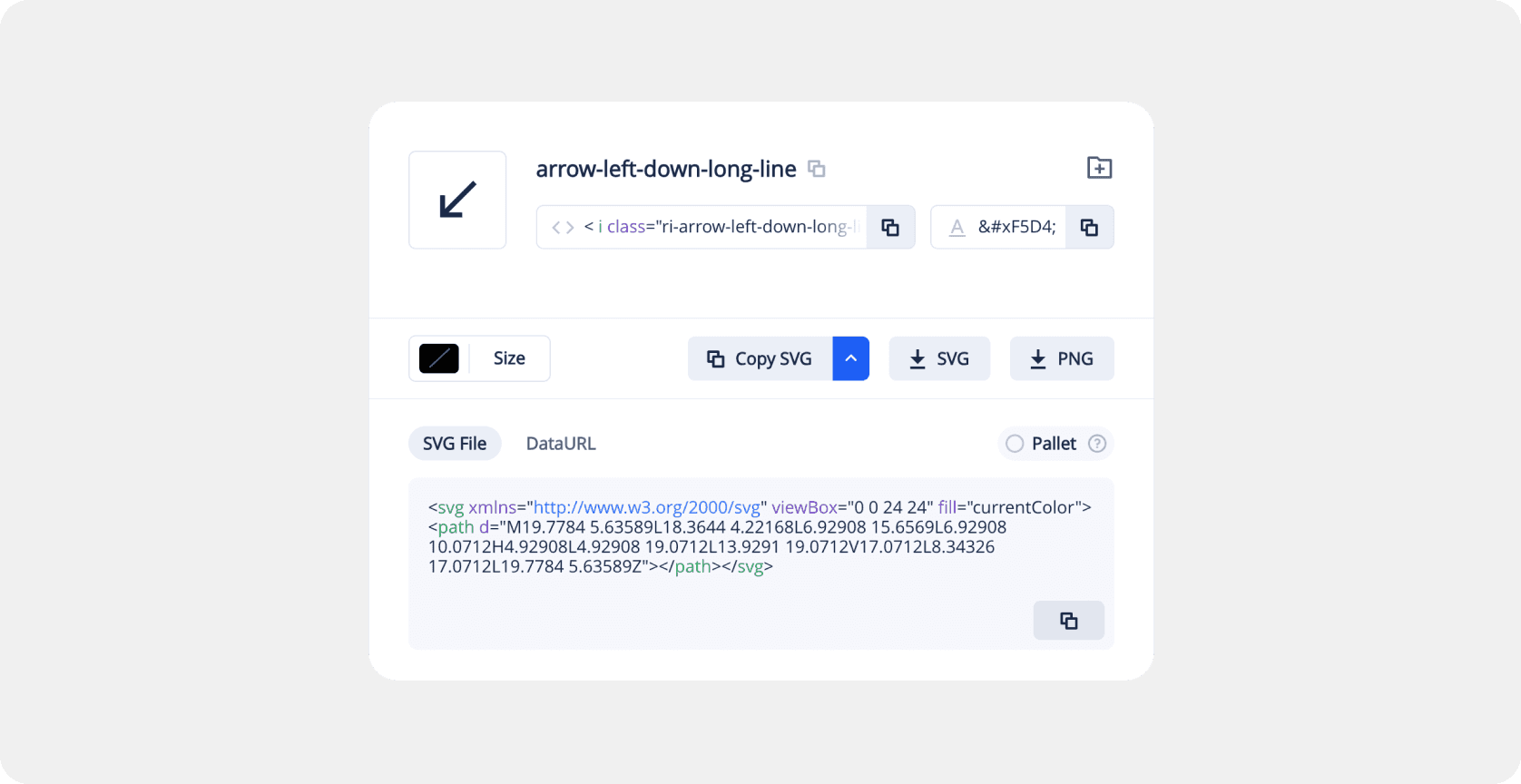 Remix Icon interface displaying the “arrow-left-down-long-line” icon with SVG export options
