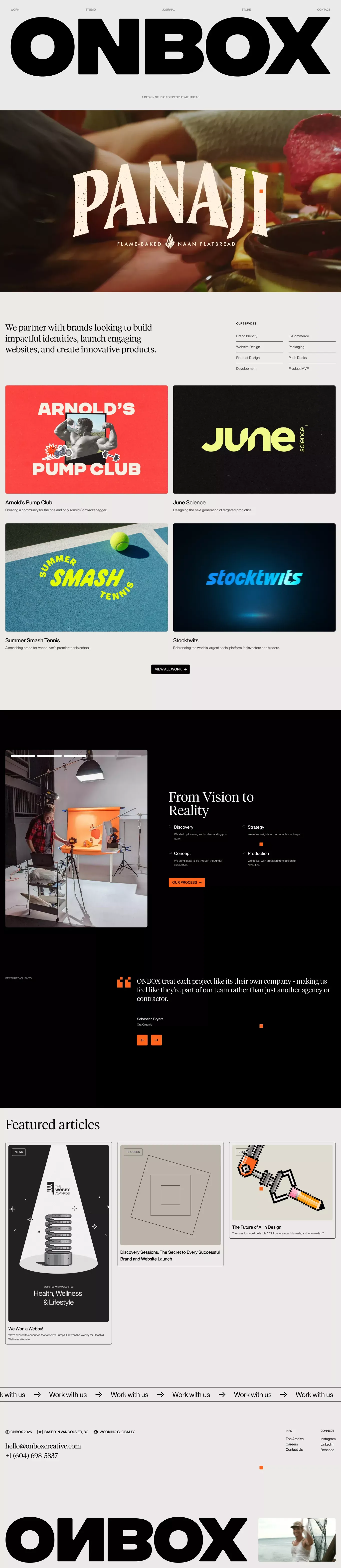 ONBOX portfolio page screenshot showcasing Design and Tech design