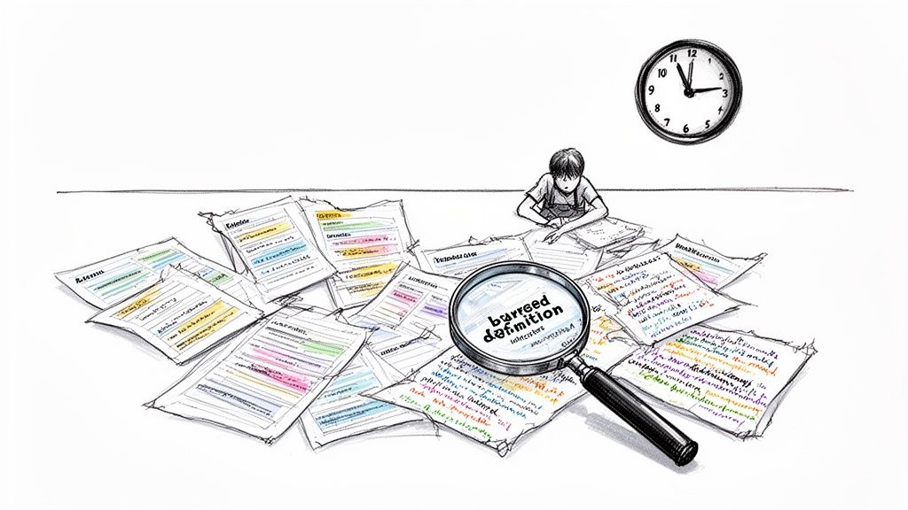 A person studies diligently, surrounded by highlighted notes and a magnifying glass focused on a definition.