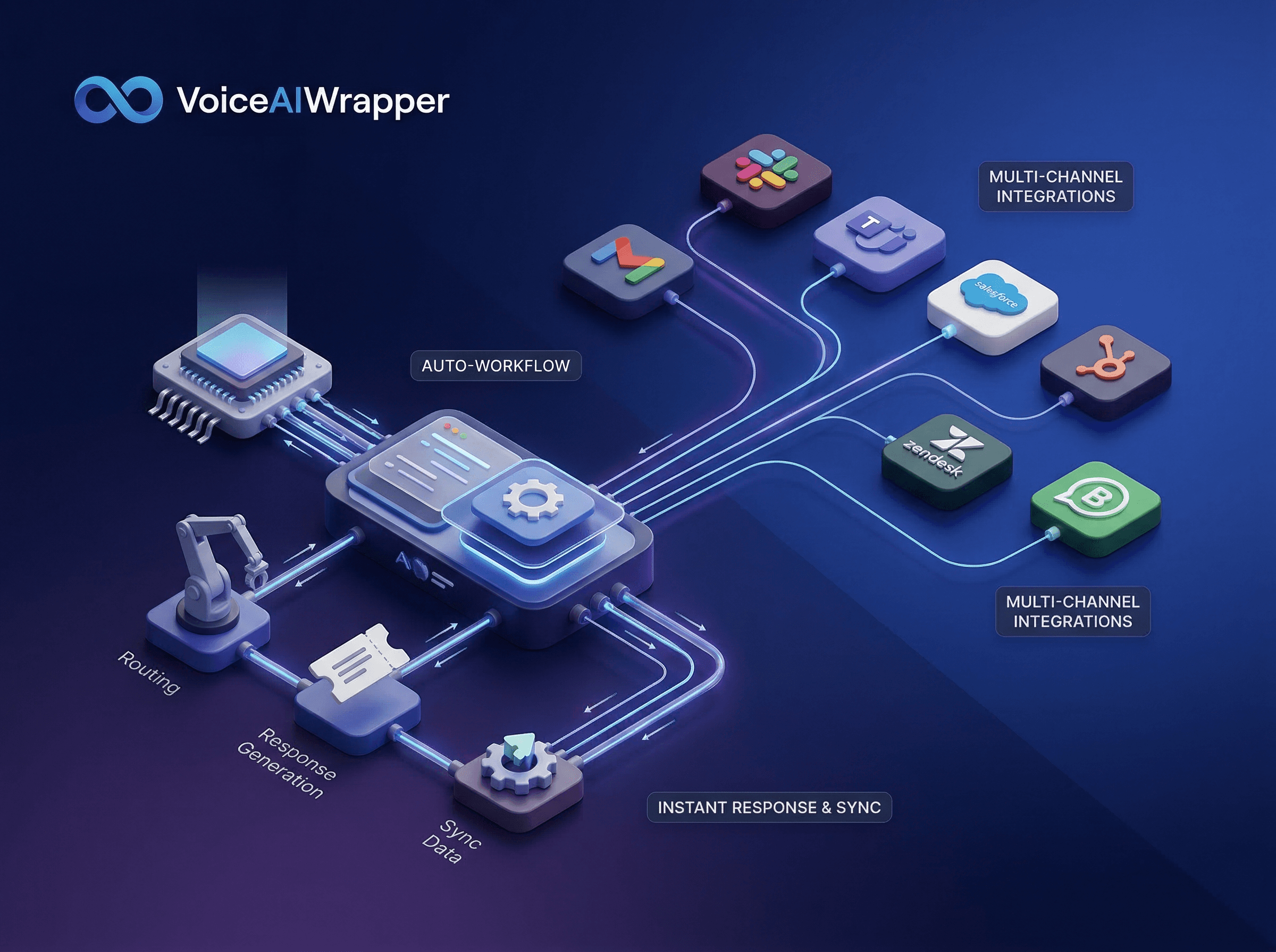 Custom AI phone call agents 3D isometric workflow with multi-channel triggers, n8n Make Zapier automation, and transcript analytics export | VoiceAIWrapper.
