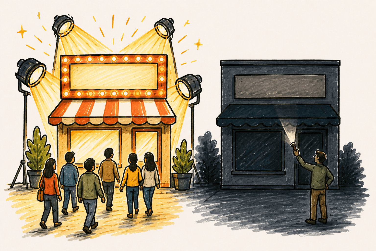 Hand-drawn illustration of two local businesses. One storefront is brightly illuminated by large floodlights and attracts customers, while the neighboring storefront sits in darkness with an owner using a small flashlight, representing the difference between being easy to discover online and being overlooked.