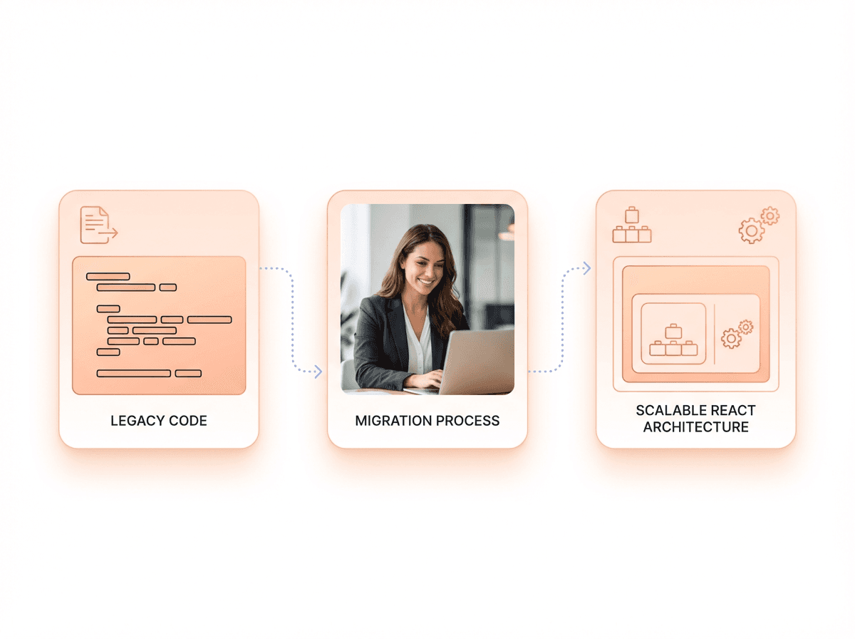 Legacy frontend code transforming into a scalable React and TypeScript architecture, reducing technical debt and improving long-term maintainability.