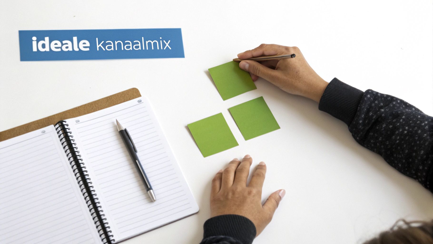 Een persoon schikt groene kaartjes op een witte tafel, met een notitieblok en pen. Bovenin een blauwe banner met 'ideale kanaalmix'.