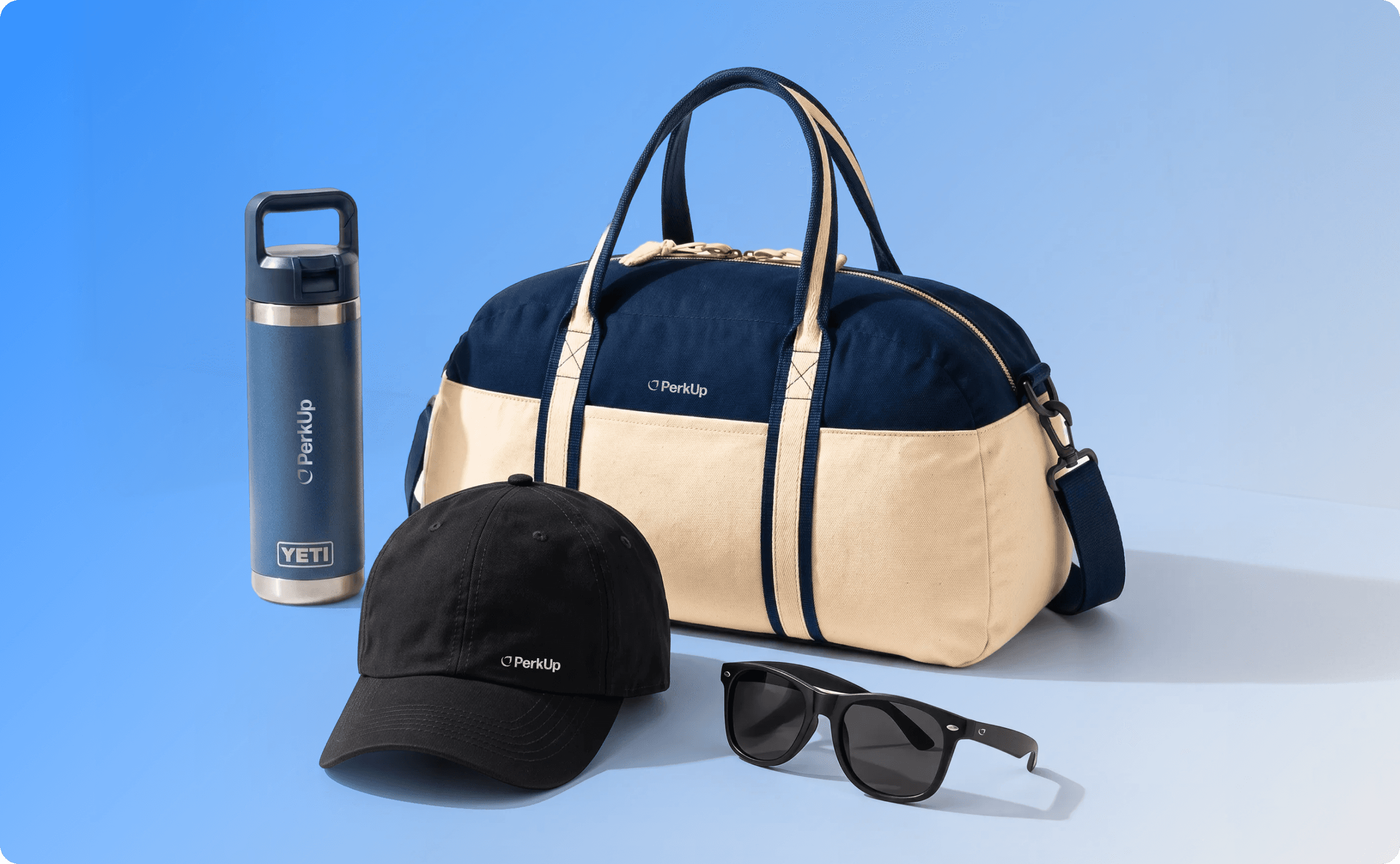 A tumbler, a hat, a weekender, and sunglasses.