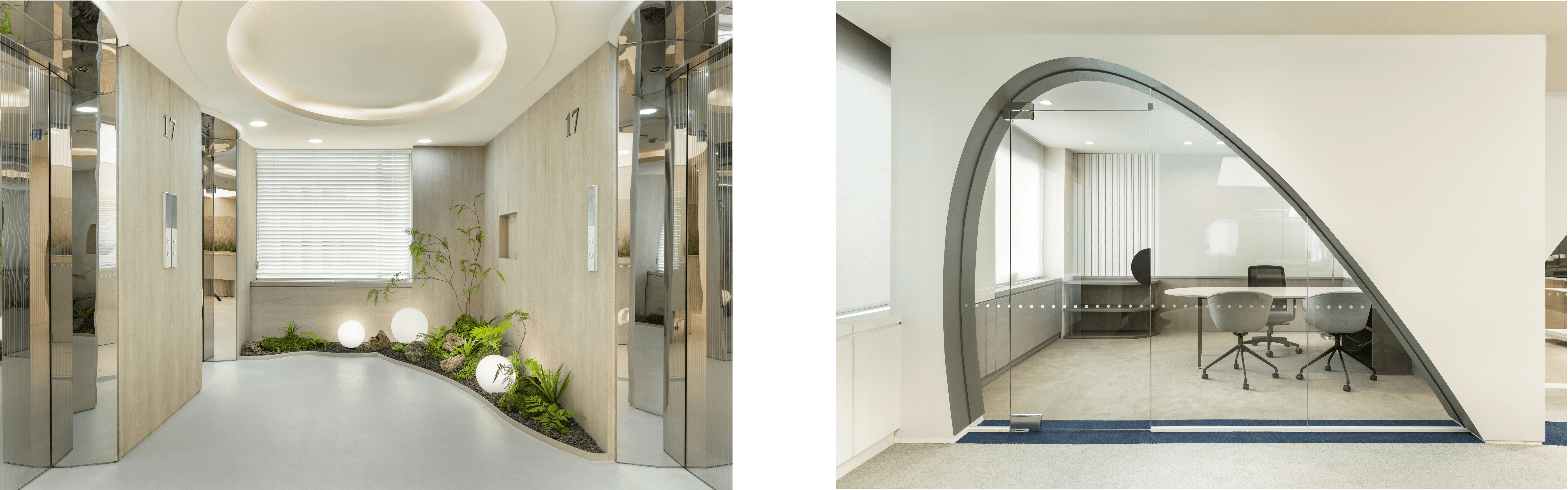 둥근 형태와 곡선을 통해 우주와 별빛의 이미지를 강조한 스타 법무법인 서울 오피스의 모습