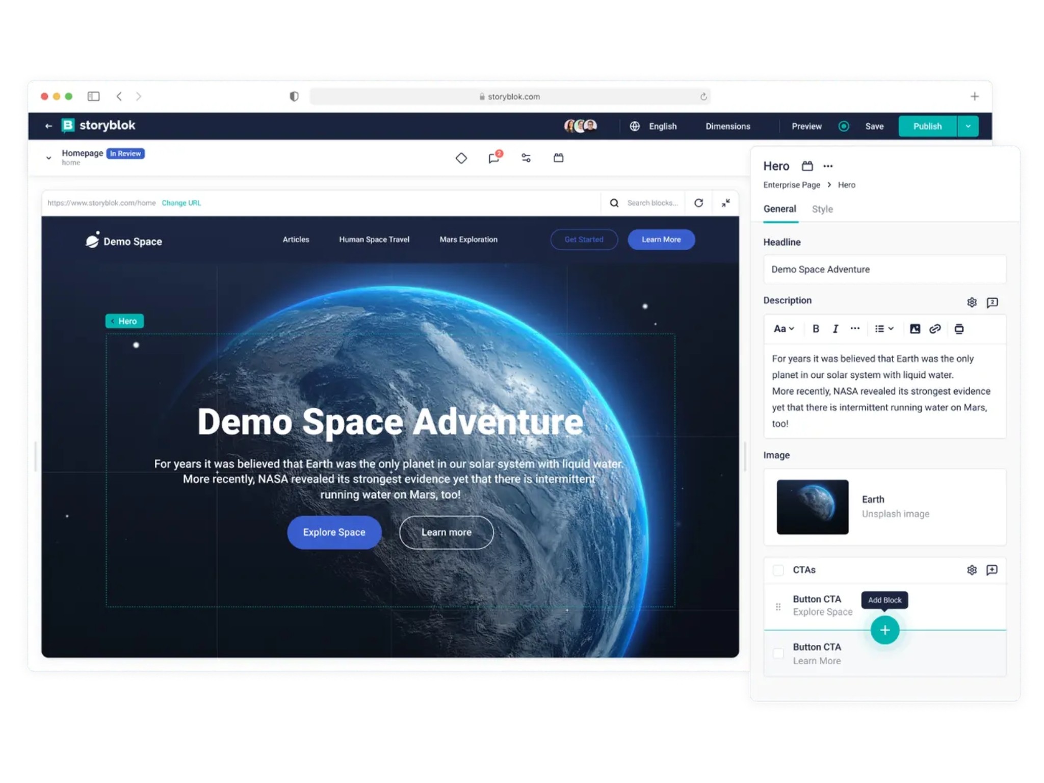Storyblok visual editor interface for drag-and-drop page building