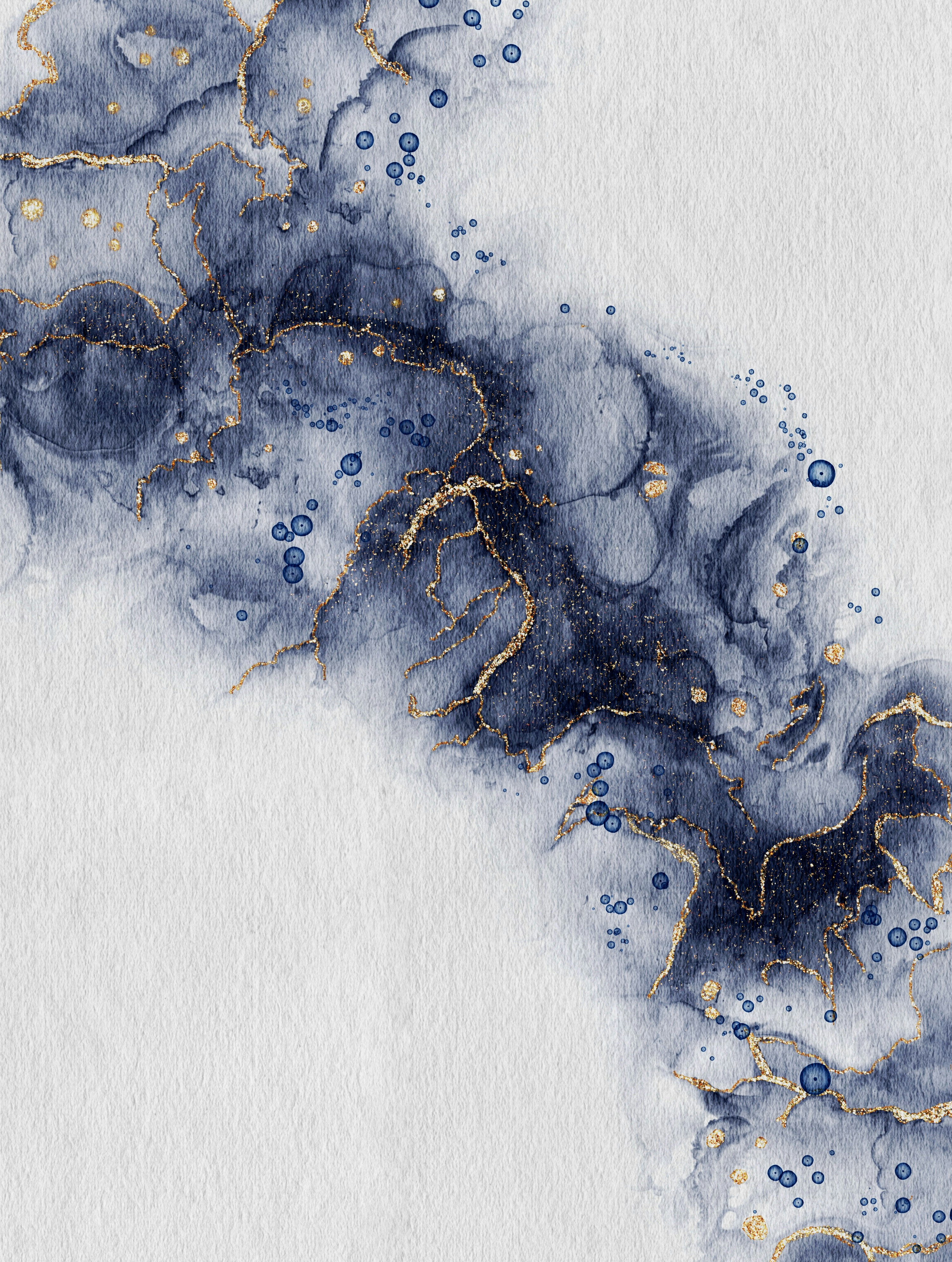 an abstract painting of blue and gold ink
