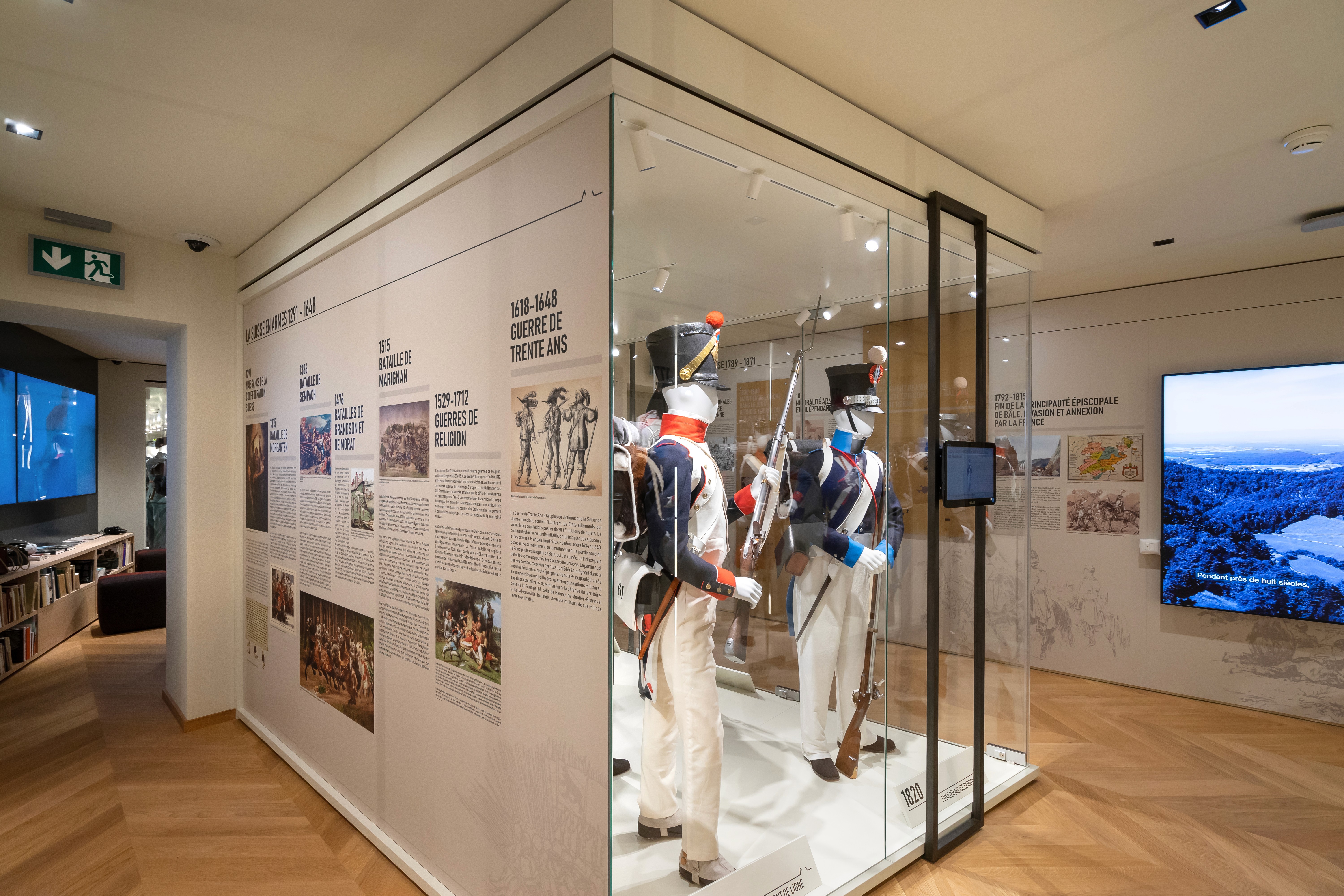 Timeline and suit in an exhibition design concept of a museum retail for Switzerland 