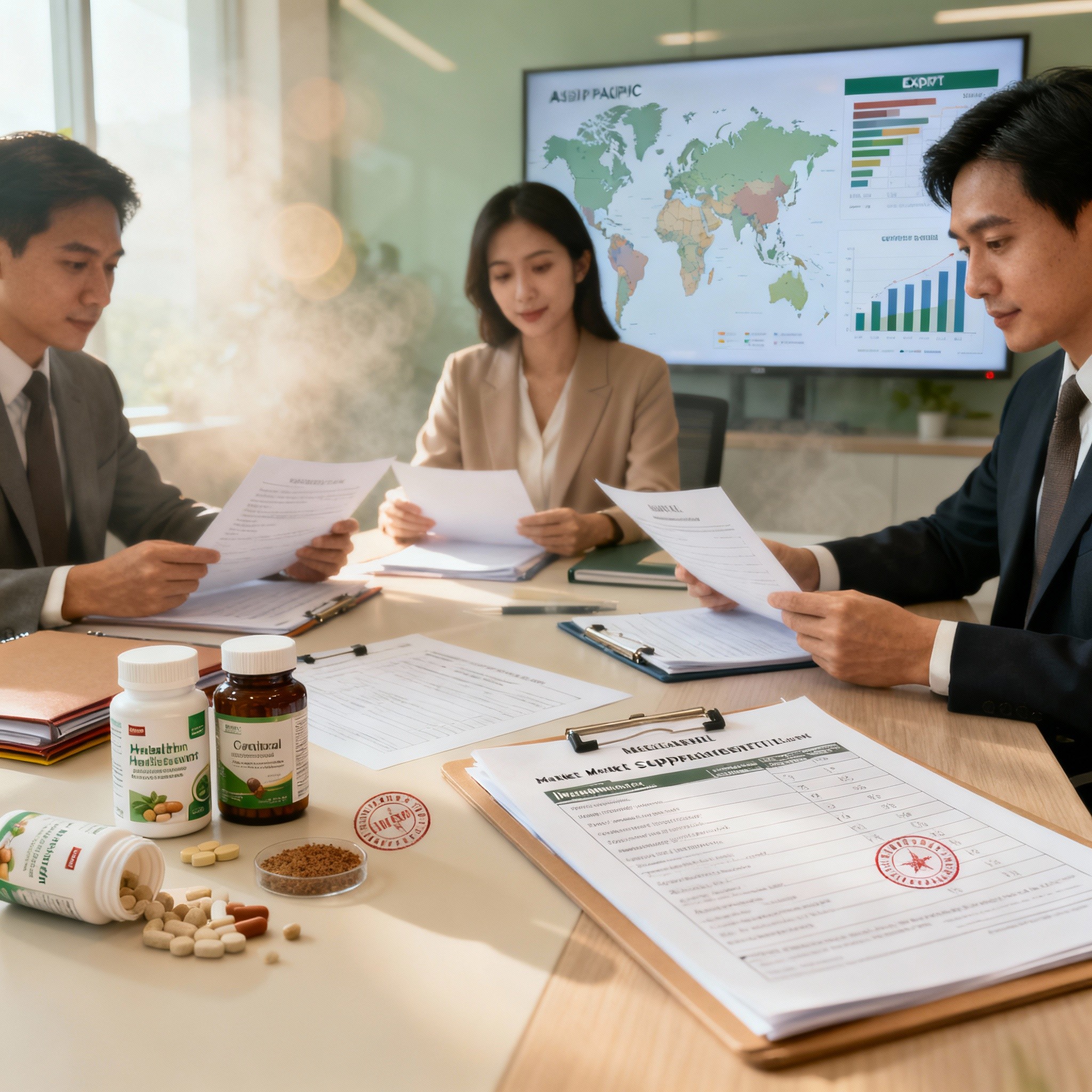 Three business professionals in a meeting reviewing documents and charts.