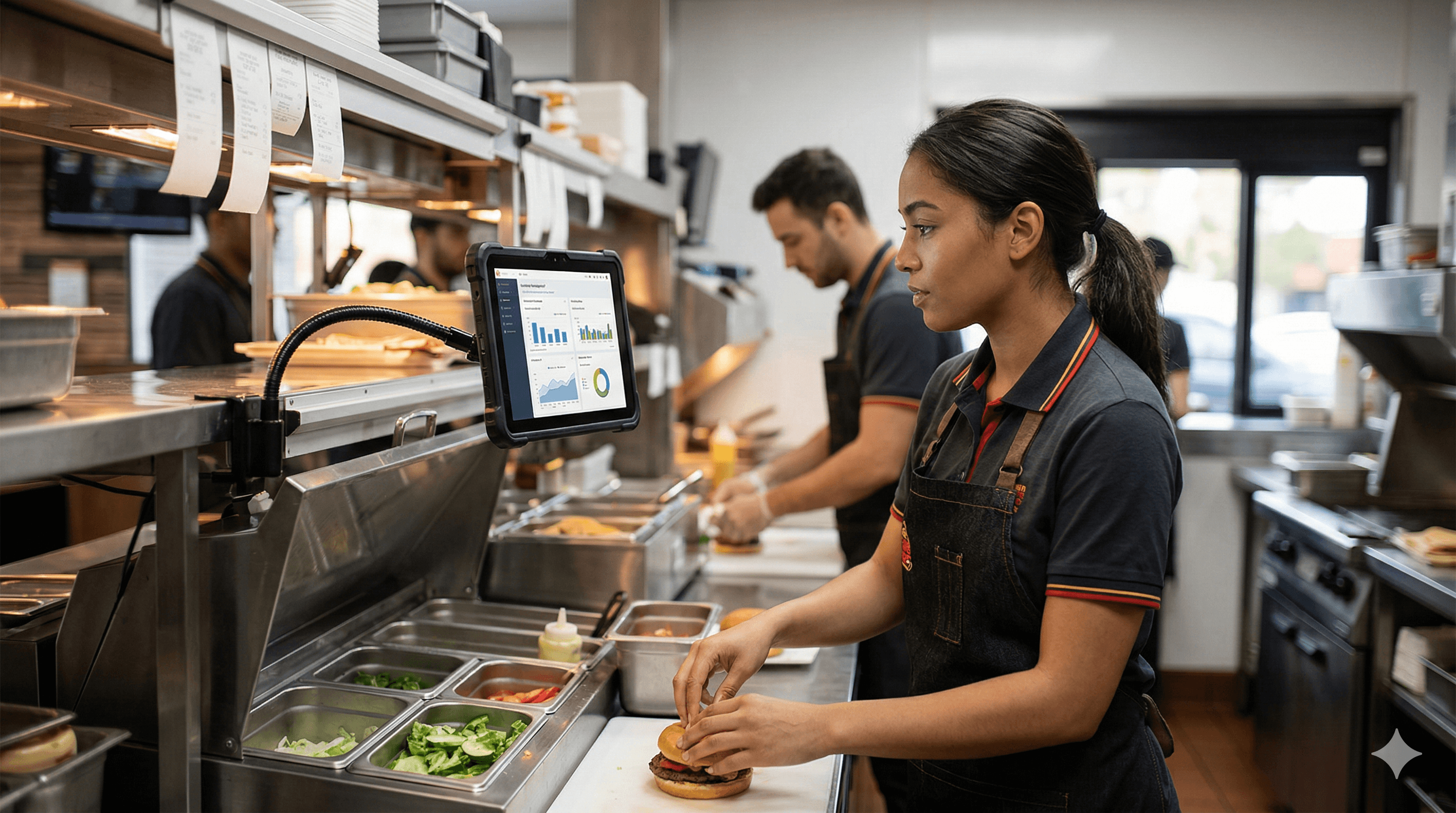 An employee in a fast-food kitchen assembles a sandwich while digital screens display data, showcasing the integration of AI technology to streamline operations and reduce costs in quick-service restaurants.