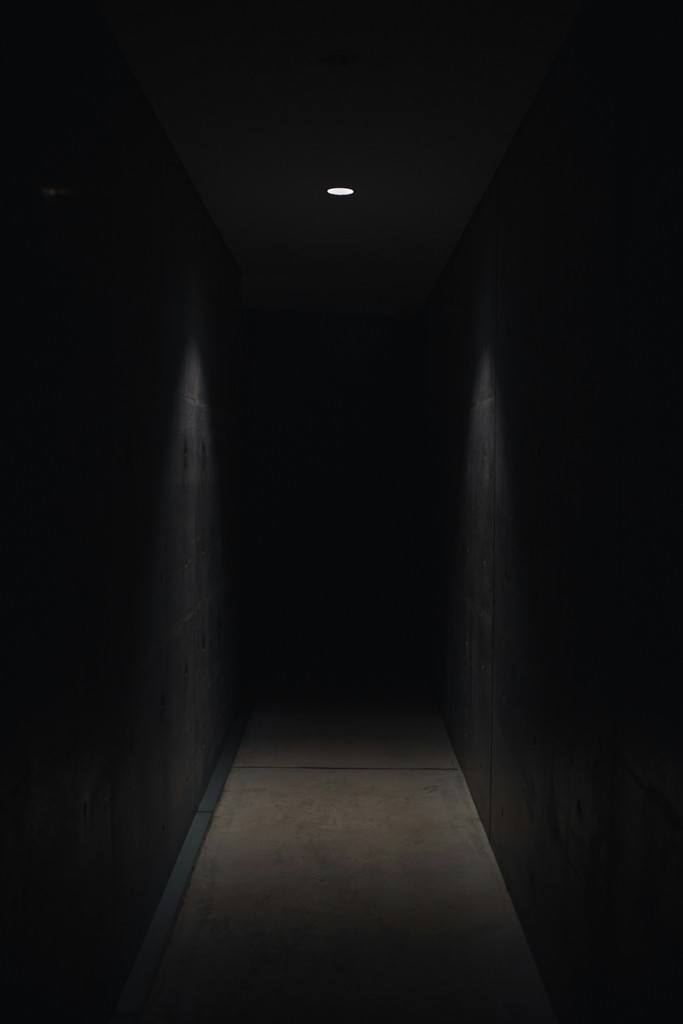 A dimly lit hallway with walls in shadow and a single light source illuminating the ceiling above.