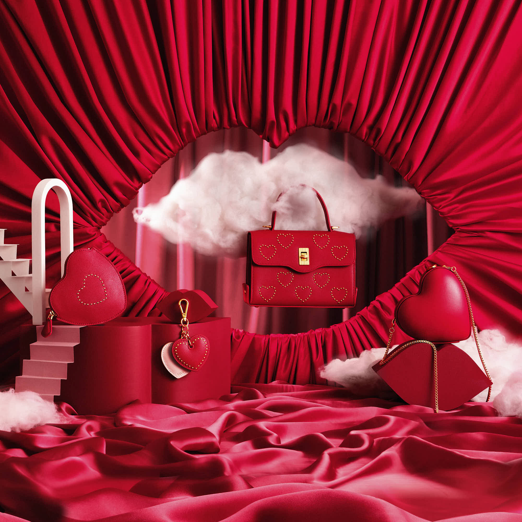 A vibrant red scene featuring luxurious fabrics, a small red handbag, and decorative elements, creating a striking visual.
