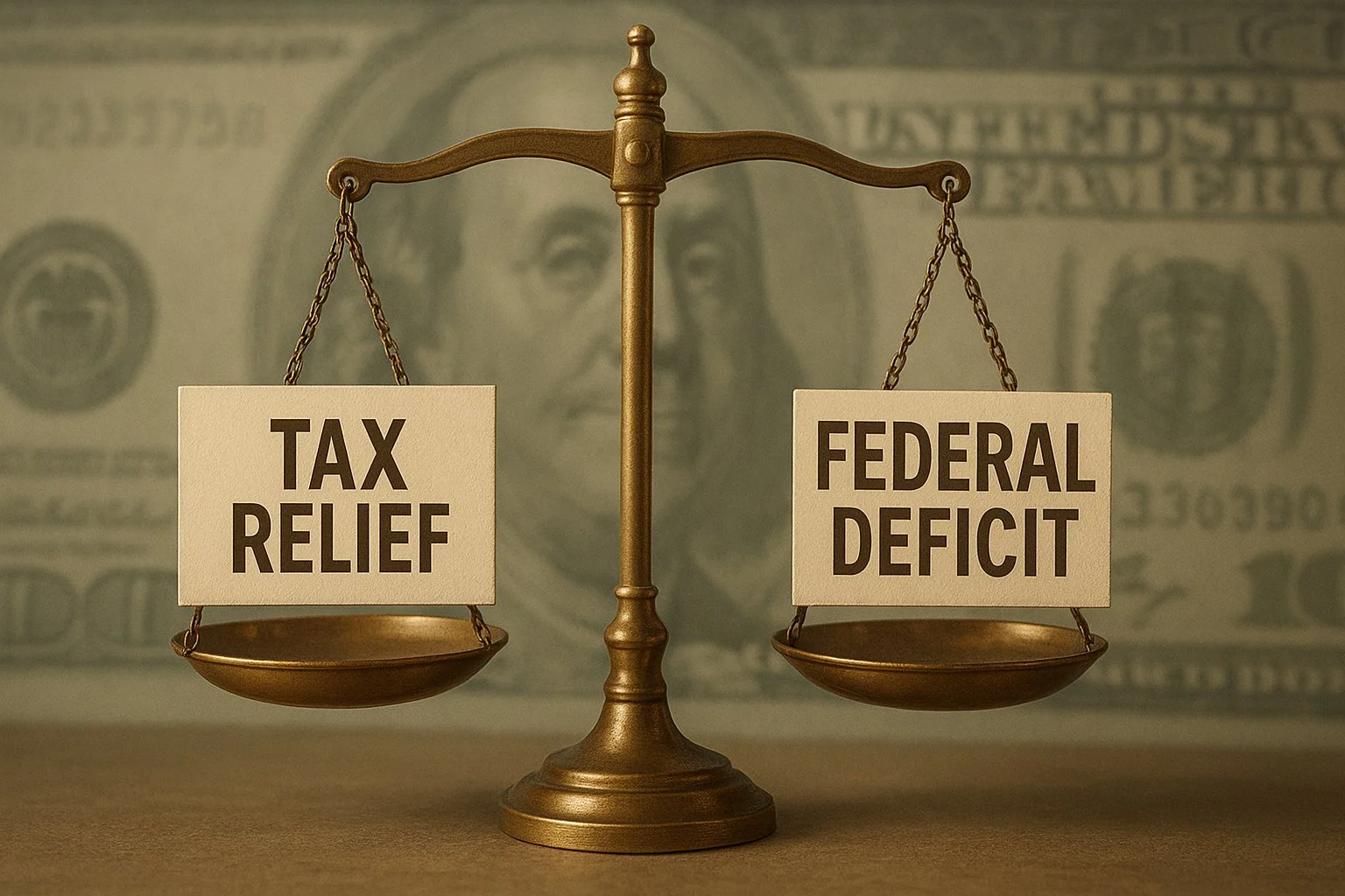 Balance scale comparing “Tax Relief” on one side and “Federal Deficit” on the other, with faint currency images in the background.