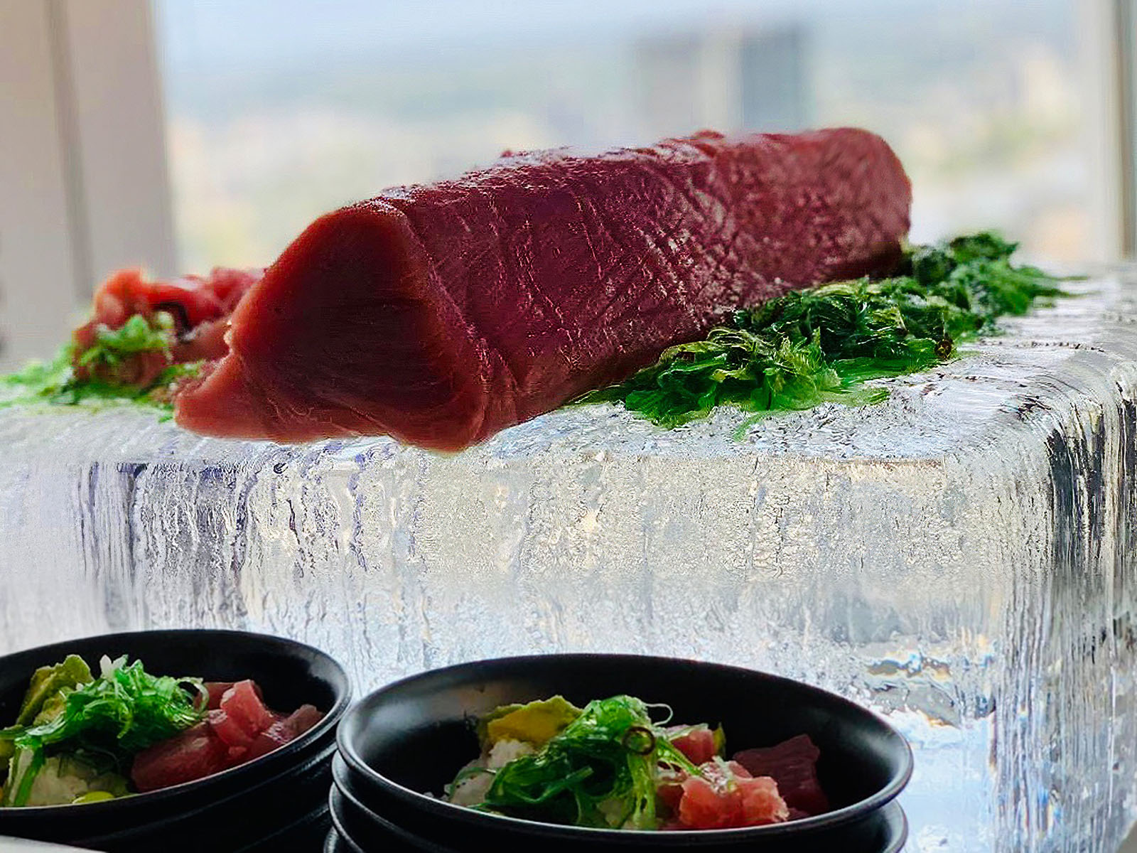 Thunfisch auf einem Eisblock mit frischen Kräutern garniert