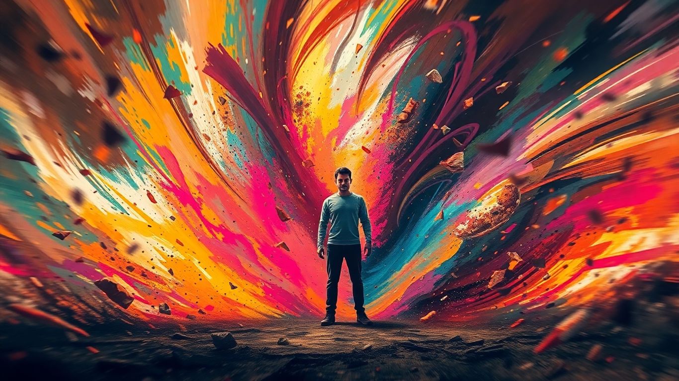 Entrepreneur facing chaotic energy vortex.