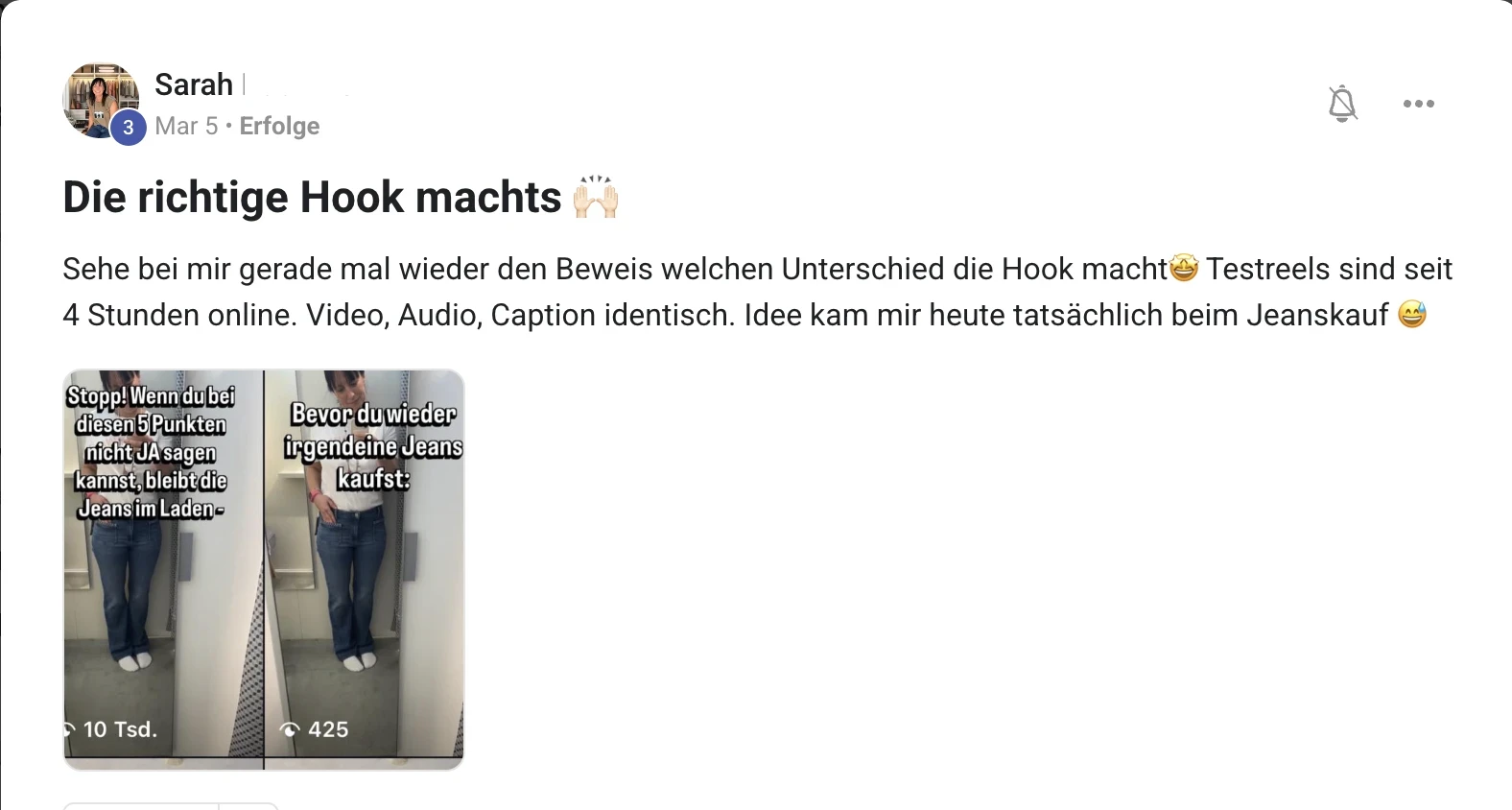 Mitglied der KI Creator Akademie: Modeberaterin Sarah beweist mit Test-Reels die Macht der richtigen Hook