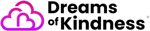 Dreams of Kindness nonprofit logo — a modern pink-to-purple gradient cloud icon symbolizing hope, compassion, and community support, beside bold black text reading ‘Dreams of Kindness’ on a dark gray background. Charity organization focused on kindness, philanthropy, social impact, and humanitarian aid.