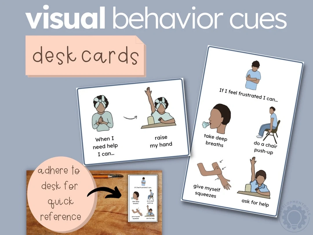 Visual behavior cues desk cards showing classroom strategies like raising hand and calming techniques for special education support.