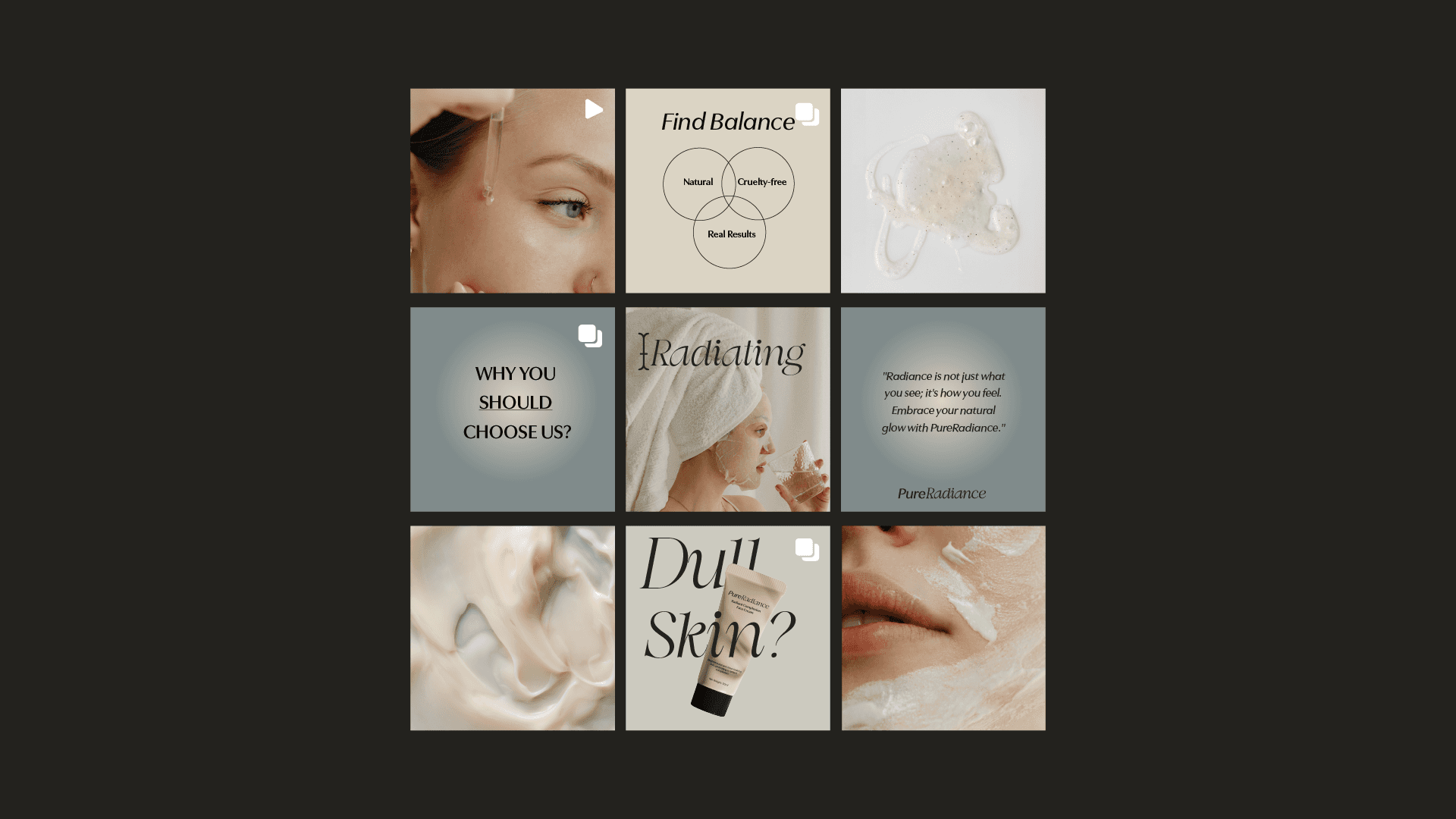 An Istagram grid of nine aesthetic panels featuring earthy tones and textured backgrounds with motivational quotes.