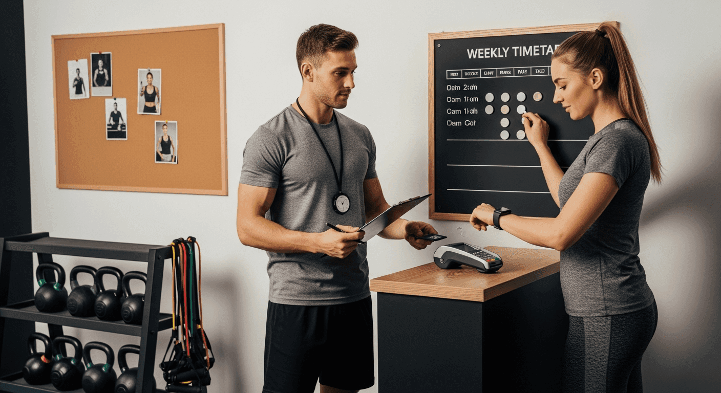 A personal trainer reviewing a client’s weekly schedule while the client checks her smartwatch, illustrating the importance of mobile-first design for personal trainers and how a clear, fast mobile experience supports bookings and communication.