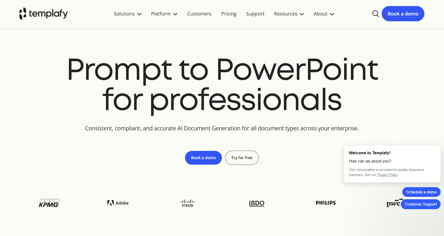 Homepage screenshot of Templafy featuring the headline “Prompt to PowerPoint for professionals,” with demo and free trial buttons and enterprise customer logos below.