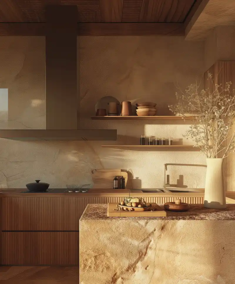 Cuisine haut de gamme avec îlot central en marbre onyx, façades en bois cannelé et étagères ouvertes, décoration intérieure chaleureuse et raffinée