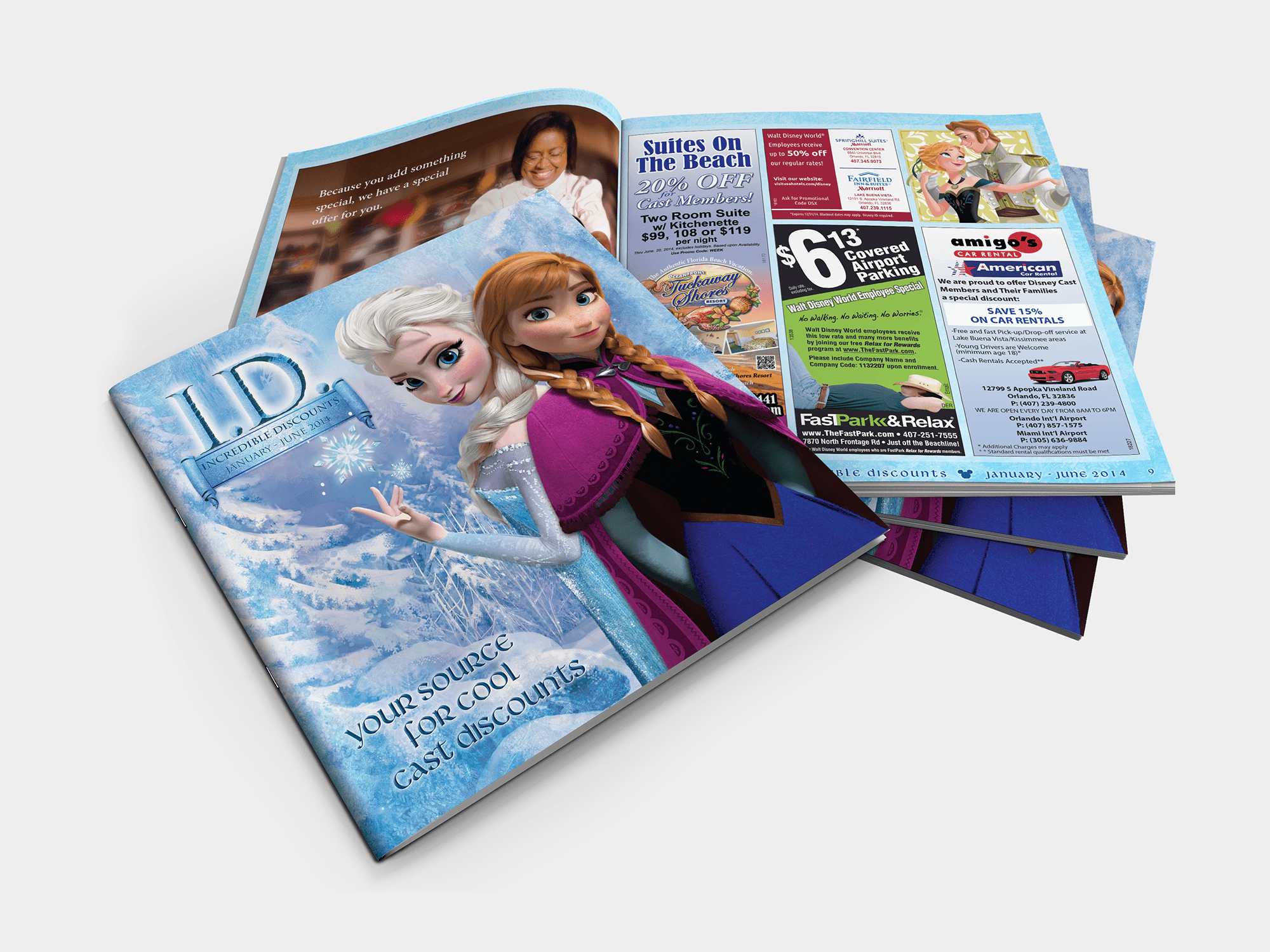 Full layout, cover and spread design of two 76-page Incredible Discounts ad directories