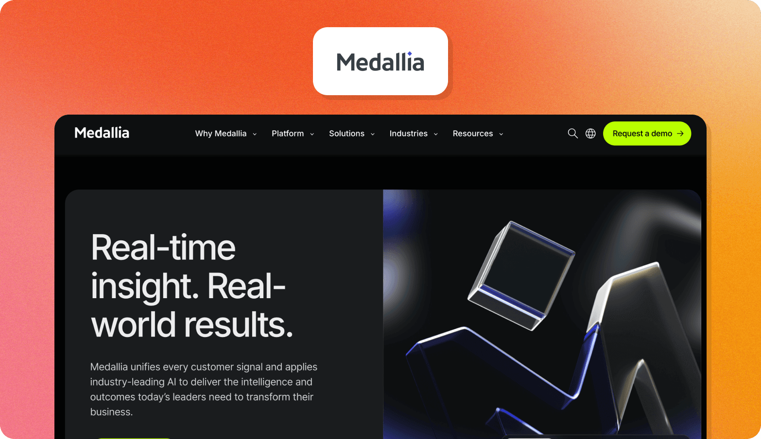 Screenshot of the Medallia homepage on a dark background with the headline "Real-time insight. Real-world results," beside a 3D glass cube graphic
