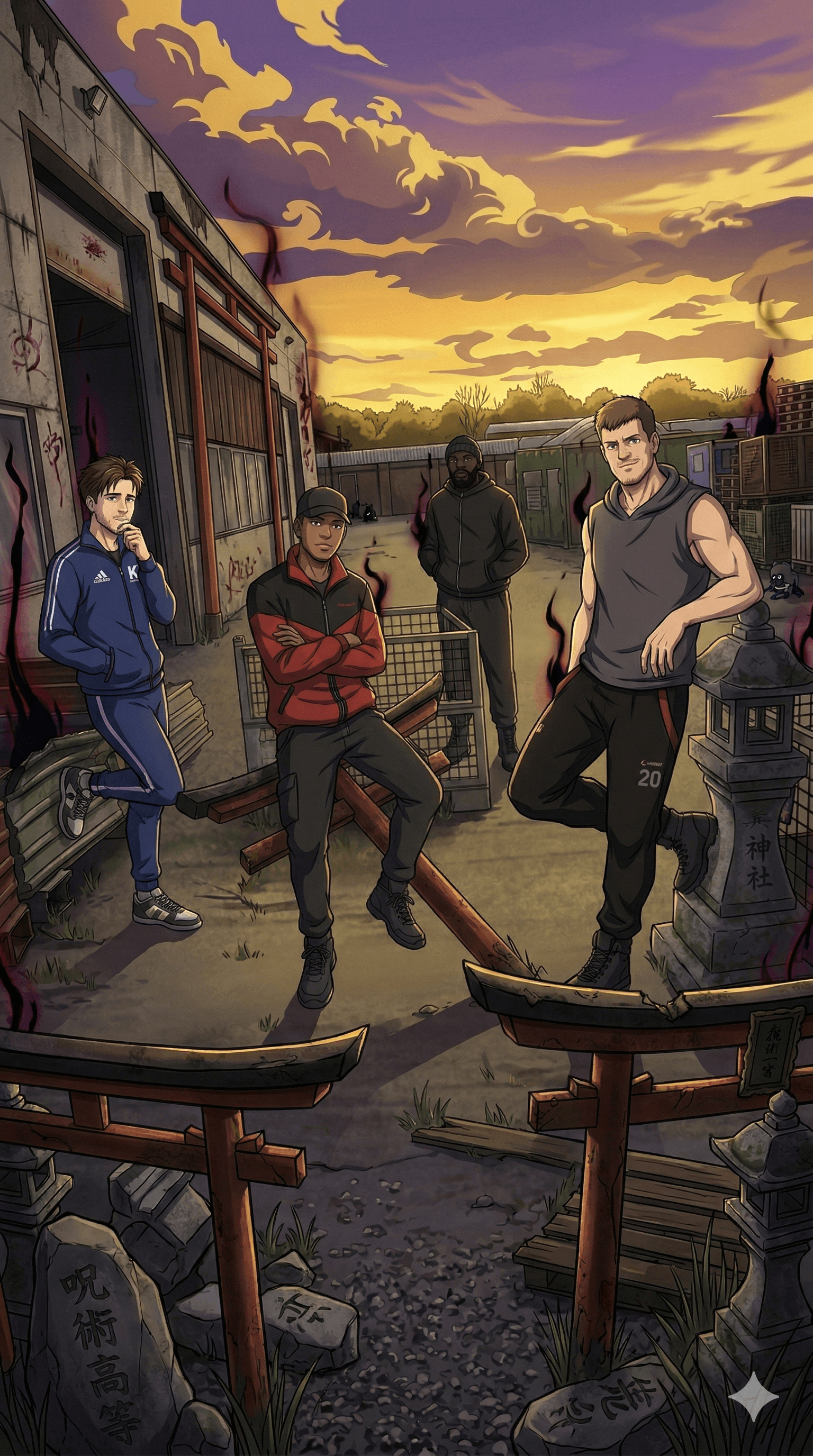 Anime-Stil Illustration von vier Männern in urbaner Kleidung in einer verlassenen Umgebung mit zerstörten japanischen Torii-Toren und dunkler Aura.