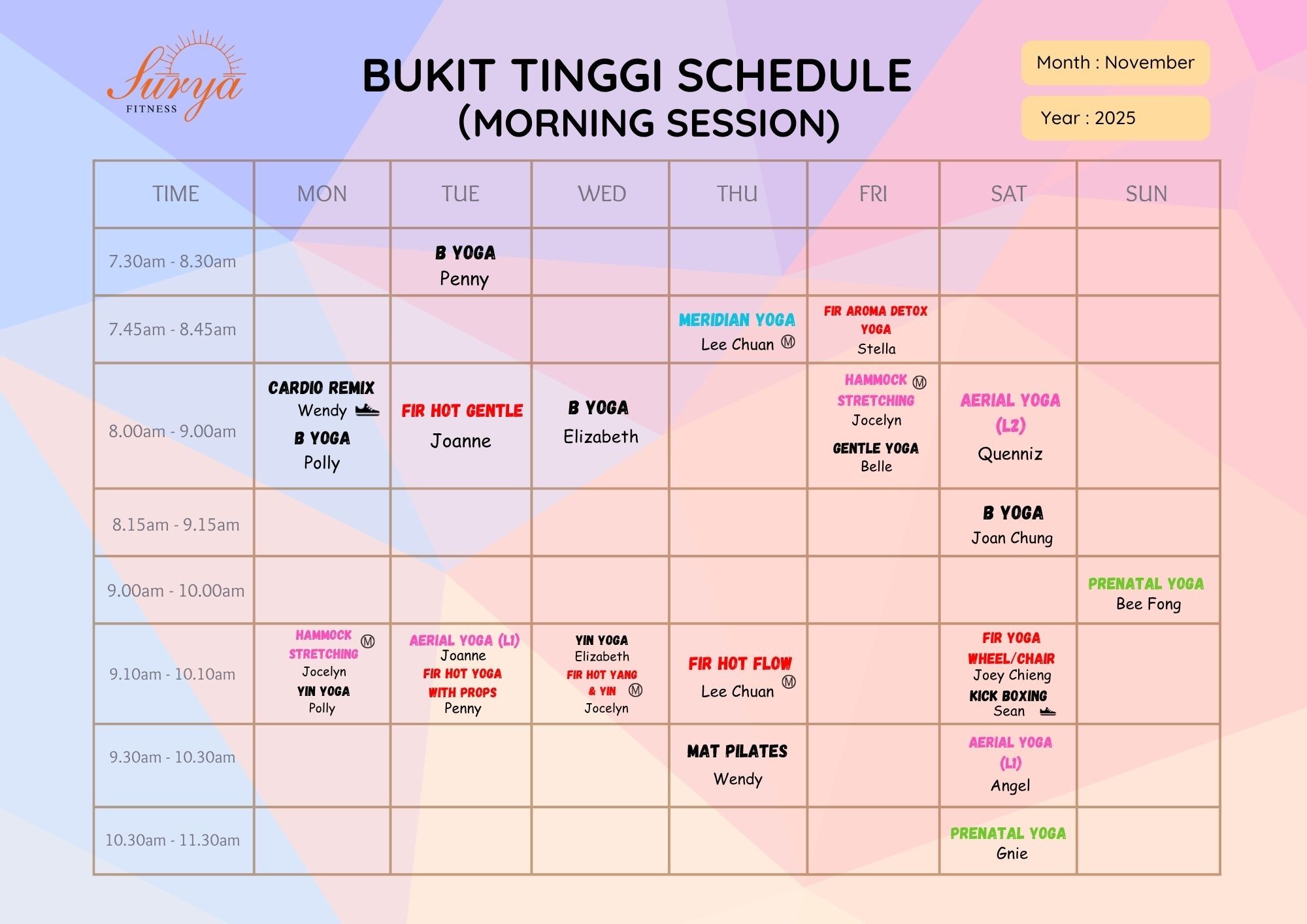 Surya Fitness Bukit Tinggi Schedule