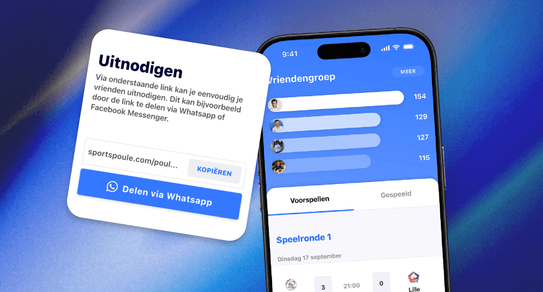 Screenshot van Sportspoule app met Poule pagina en uitnodigen functionaliteit