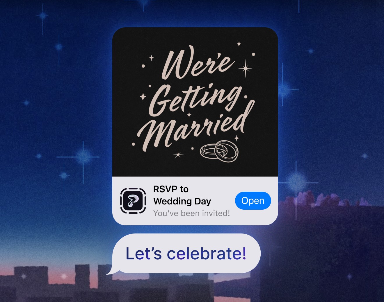 Party planning app feature demonstrating group text updates with an event reminder and customizable messages.