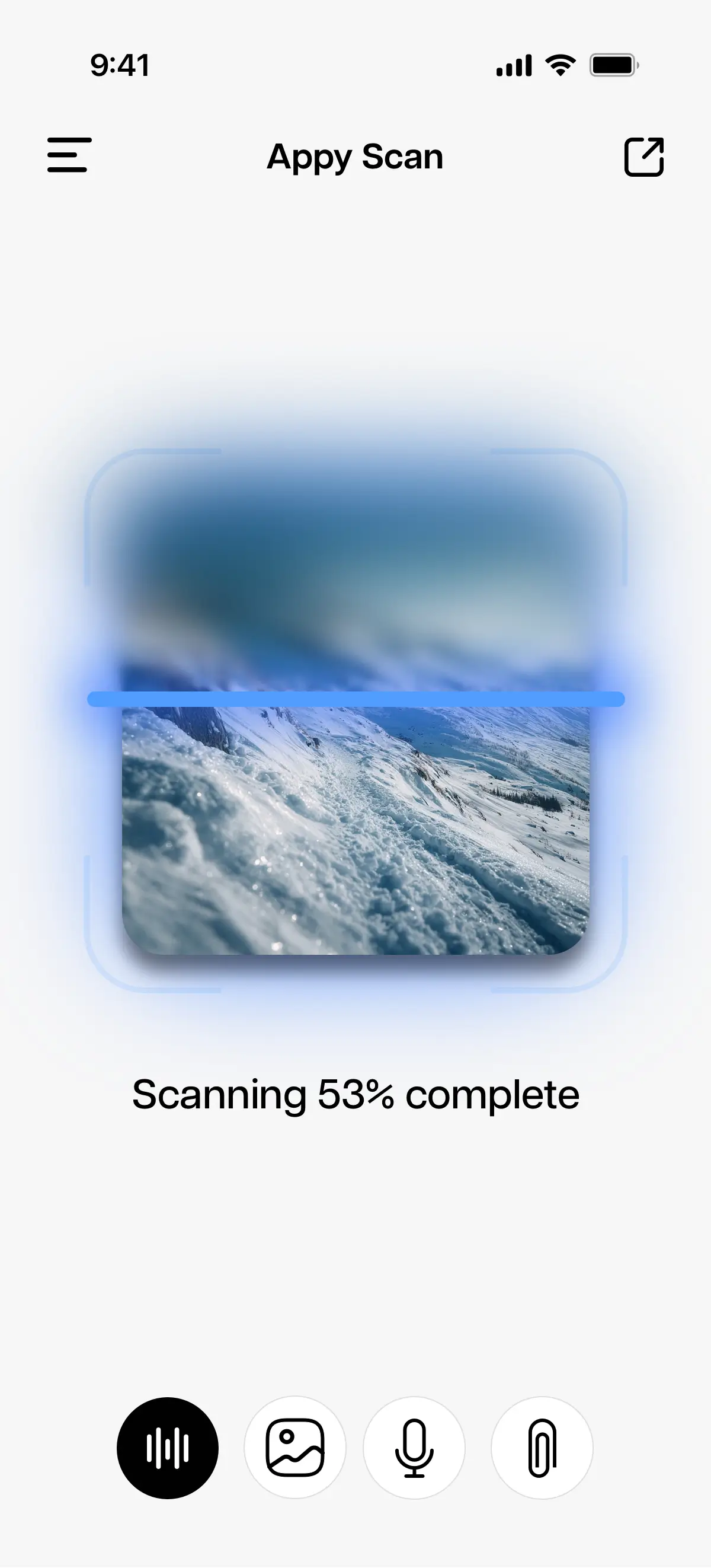 Appy Scan screen showing an image being scanned with a blue progress bar and the text “Scanning 53 percent complete.”