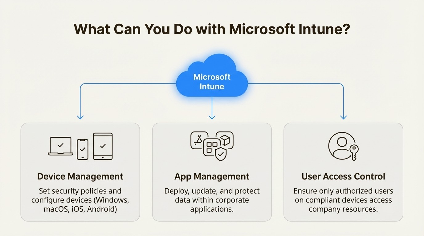 Infographic showing the main capabilities of Microsoft Intune Plan 1, including device management, app management, and user access control.